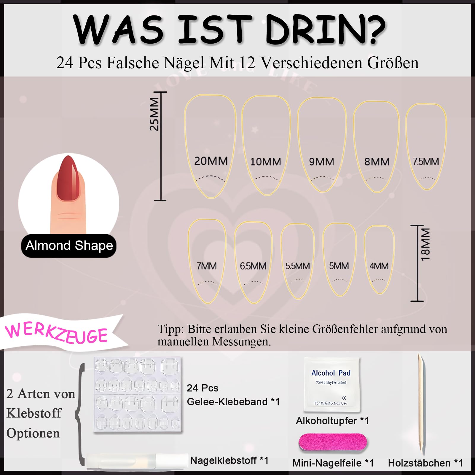 Nude Künstliche Fingernägel Zum Aufkleben - 24Pcs Lang Press on Nails Almond mit Schwarze Herz Strasssteine Design - Full Cover Falsche Nägel Tip