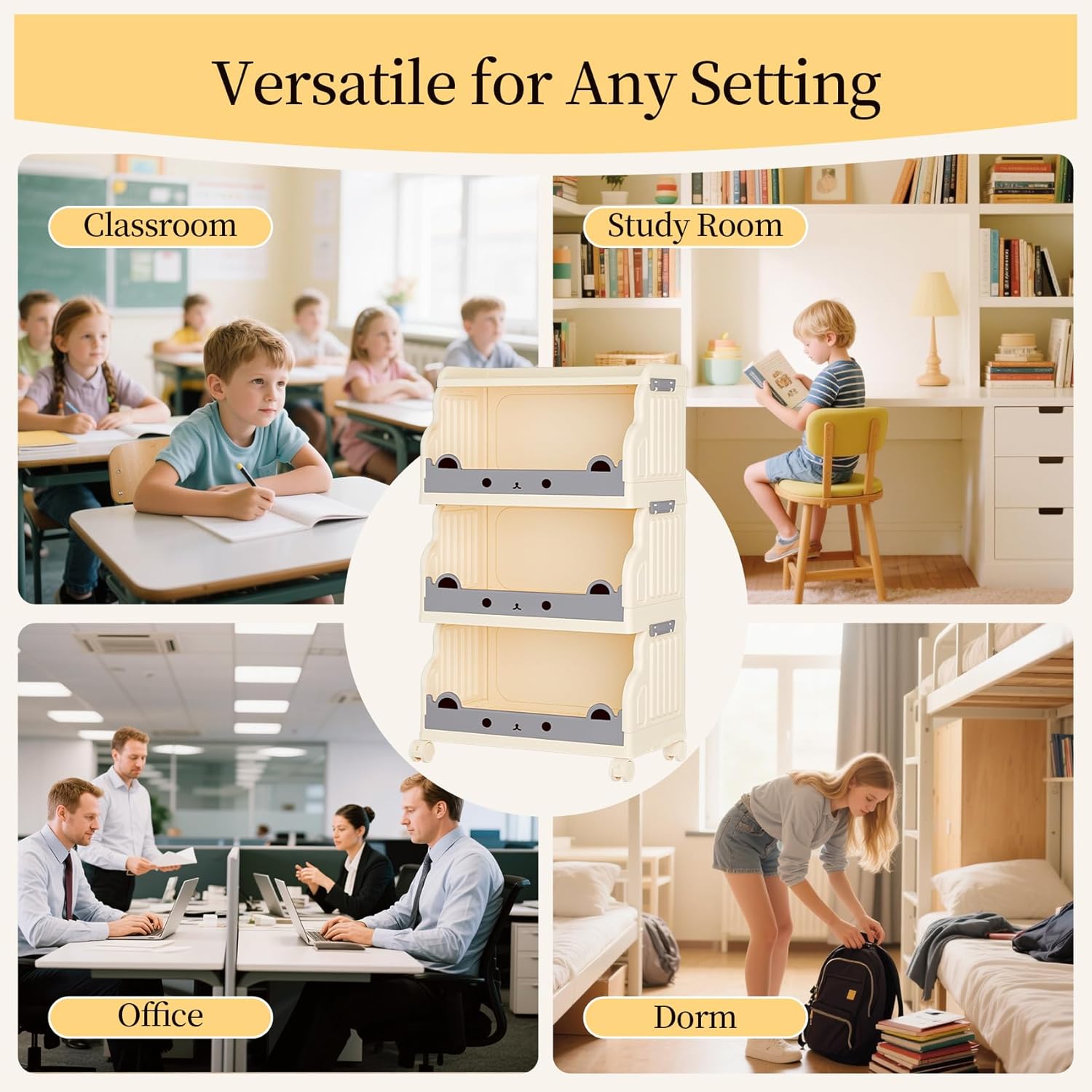 Book Cart, 3 Tier Rolling Cart, Movable Rolling Bookshelf, Book Shelf for Kids Rooms, Rolling Utility Cart with Lockable Casters for Classroom, Study, Office, Bedroom - Milky White