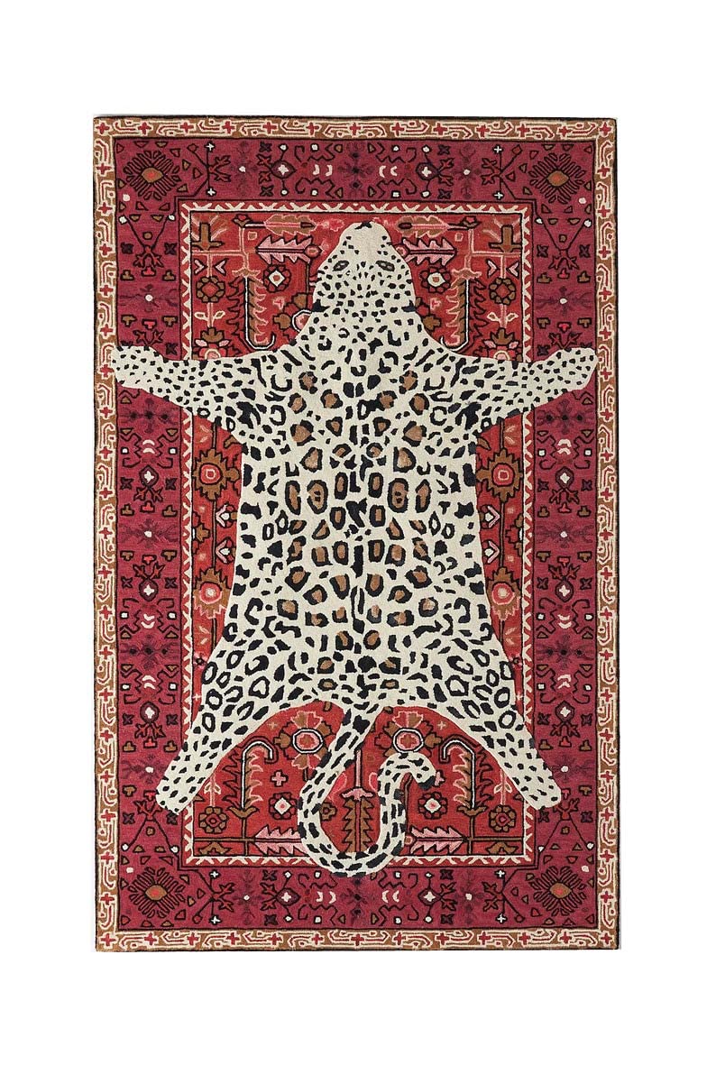 Hand Tufted Leopard Area Rug New Zealand Wool Modern Area Rug Carpet for Living Room, Bedroom, Dining Room and Hall (5 x 8 Feet, Red)