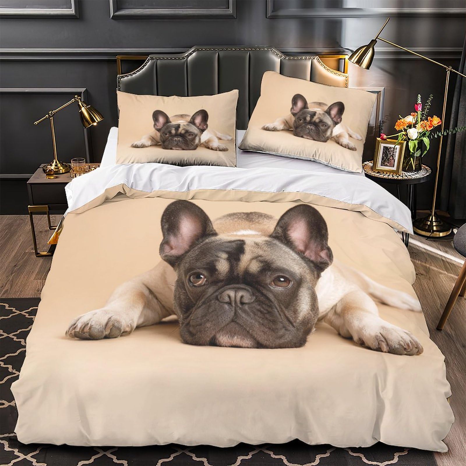 Housse couette bouledogue français avec fermeture éclair résistante et taies
