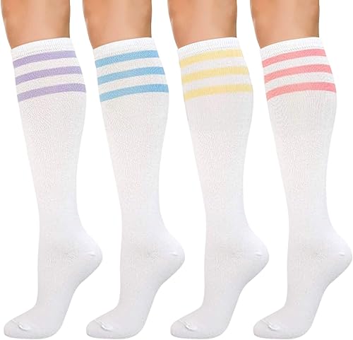 KONY Calcetines de algodón de rodilla alta, para mujer, casual, color sólido y a rayas, a la moda, 3 pares (talla de zapato para mujer 5-9)