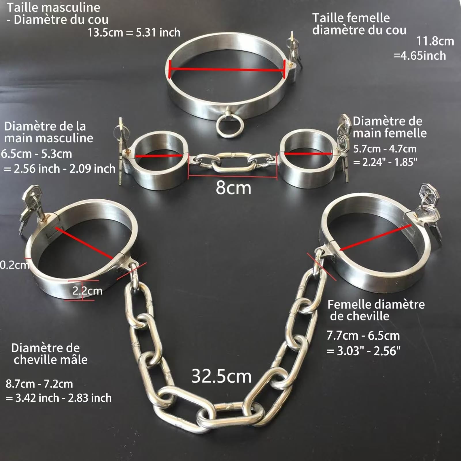 Menottes Acier Inoxydable Collier Poignet Cheville Ensemble Bondage BDSM (3PCS)