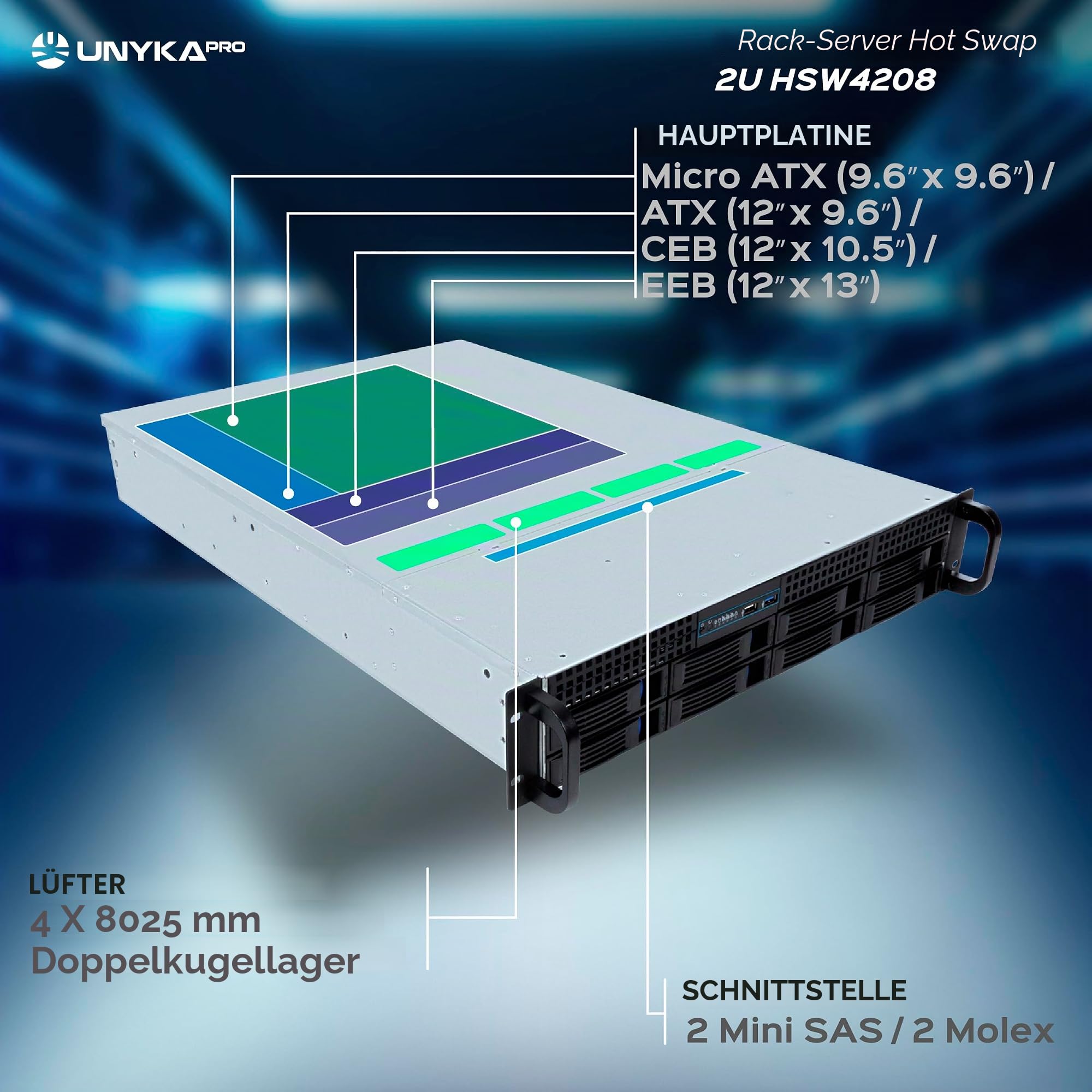Unykach HSW4208 Hot Swap Rack-Gehäuse (Hot-Swap) 2U, ATX, 8 Einschübe, kompatibel mit 3,5- oder 2,5-Zoll-Laufwerken, 4 x 80-mm-Lüfter, 1 x USB 2.0 und 1 x USB 3.0