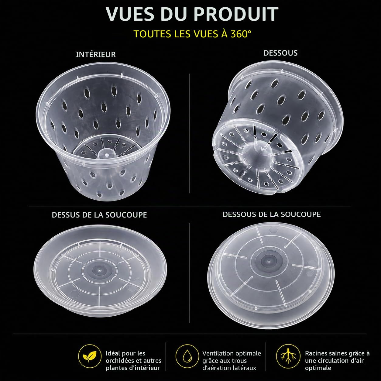 Garten lux Lot de 10 Pots à orchidées Transparents avec Trou de Drainage de 17 cm de diamètre 1,5 l et 10 soucoupes en Plastique pour orchidées pour l'intérieur