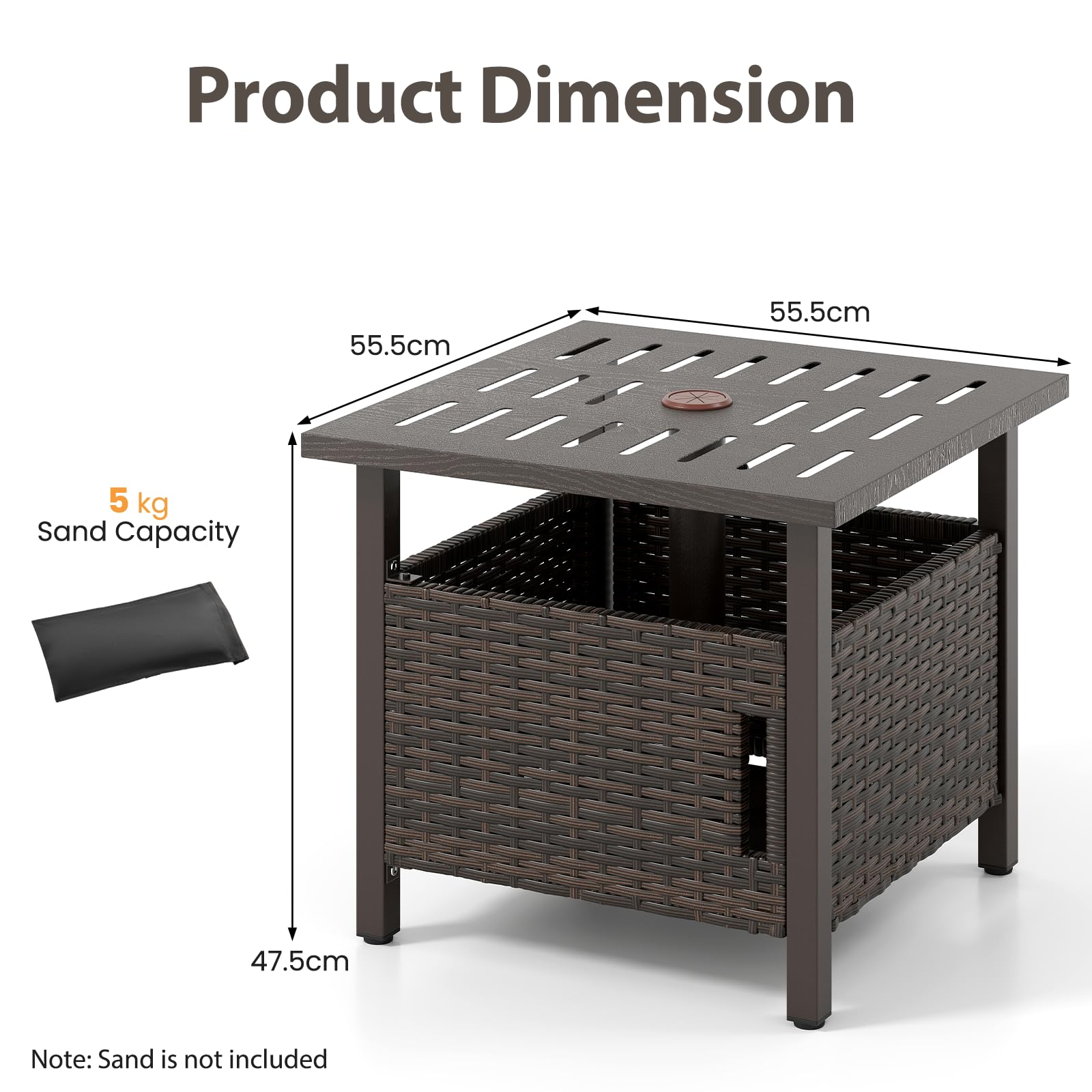 LIFEZEAL Mesa de Jardín de Polirratán con Orificio para Sombrilla, Mesa Auxiliar para Exterior, Resistente a la Intemperie, Mesa de Terraza con 2 Sacos de Arena, para Balcón y Jardín, Marrón