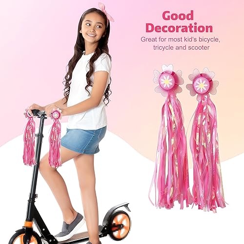 Miniatura 5 de Girasol Bike Scooter Manillar Streamers- Cintas rosas con borla brillante para niños Niños Bicicletas Trike Grips Accesorios Portabebés
