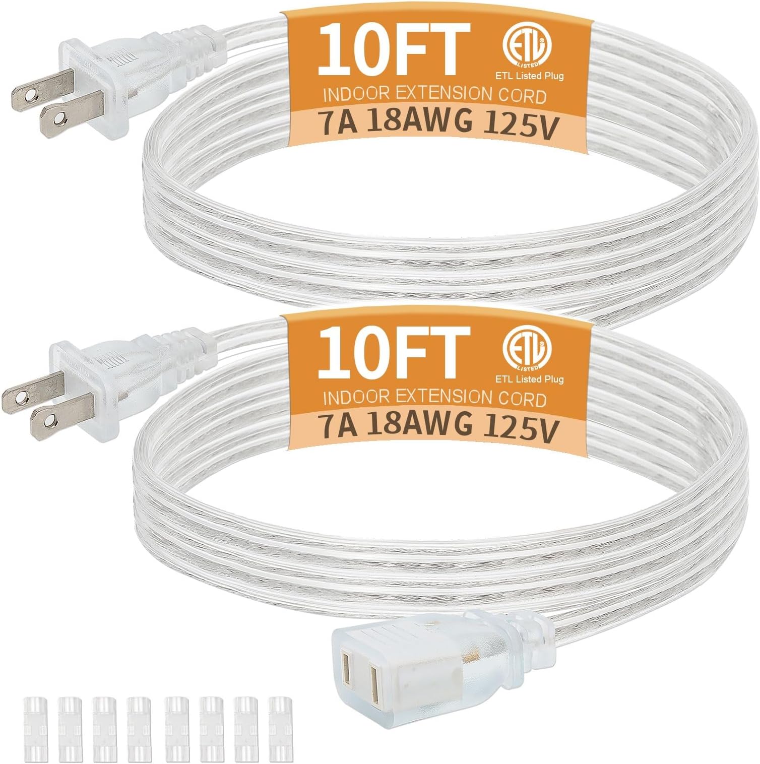 2 Pack Clear Extension Cord with UL-Certified, 10 Feet Male to Female Extension Cords, 2 Prong Thin Extension Cord, Power Cable for Light Fixtures, 2 x 18AWG 7A/125V