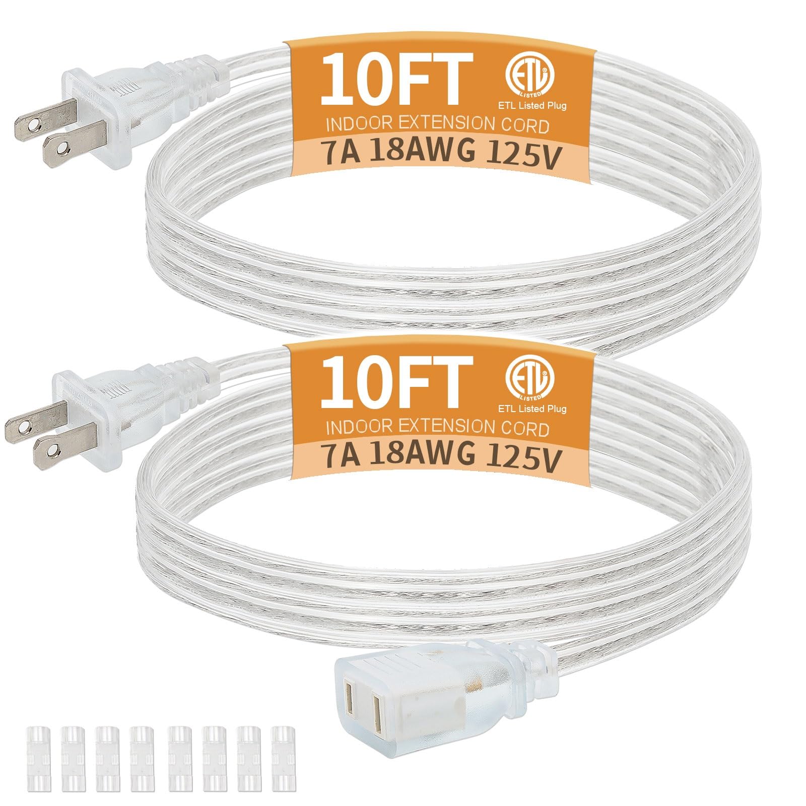 2 Pack Clear Extension Cord with UL-Certified, 10 Feet Male to Female Extension Cords, 2 Prong Thin Extension Cord, Power Cable for Light Fixtures, 2 x 18AWG 10A/125V