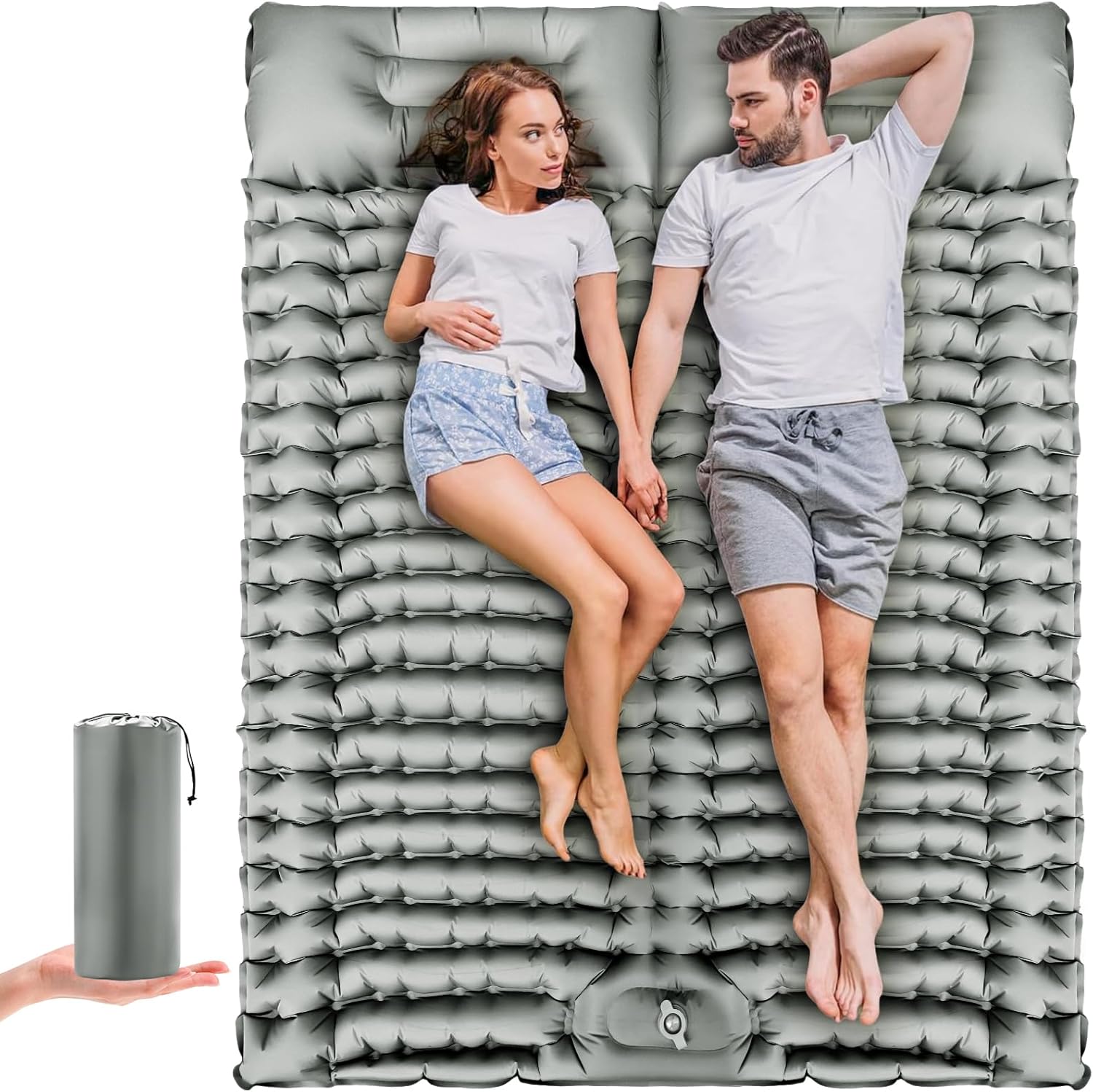 Double Sleeping Pad Self-Inflating 4" Thick for 2 Person Camping - Built-in Foot Pump, Ergonomic Pillow & Ultra-Portable Design for Backpacking, Hiking, Tent Use