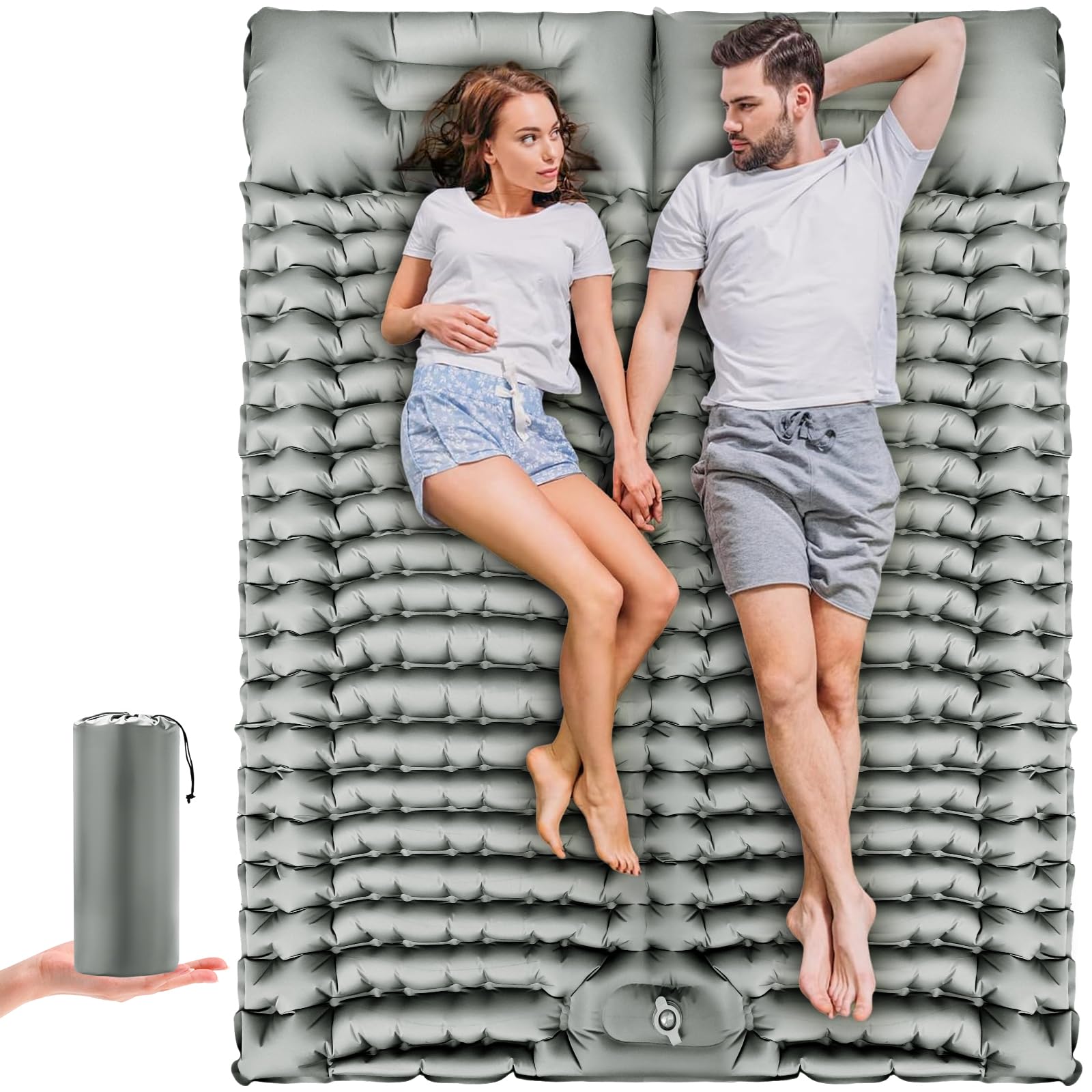 Xoxocos Double Sleeping Pad Self-Inflating 4" Thick for 2 Person Camping - Built-in Foot Pump, Ergonomic Pillow & Ultra-Portable Design for