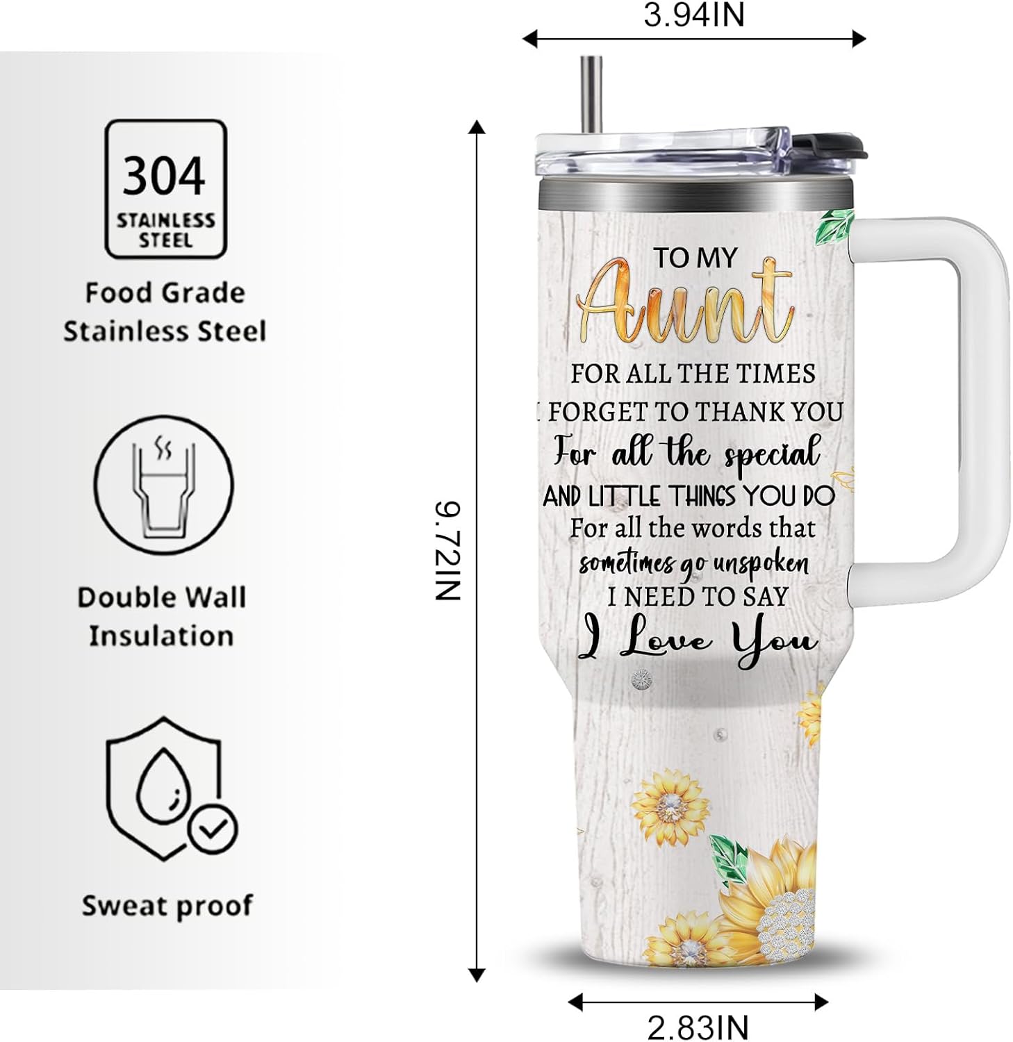 Aunt Gifts Tumbler 40oz From Niece - Gifts for Aunt Birthday, Christmas, Graduations, Mothers Day Auntie Sunflower Coffee Cup Gift From Niece/Nephew - Auntie Stainless Steel Insulated Cup - Image 8