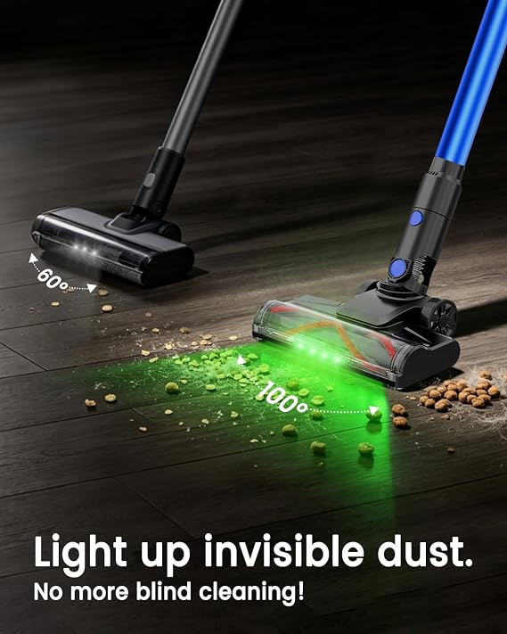 Cordless Vacuum Cleaner, 500W 40KPa 60Mins Vacuum Cleaners for Home, Wireless Vacumm Anti-Tangle Rechargeable Vacuum with Green Light for Pet Hair/Carpet/Hardwood Floor, Blue