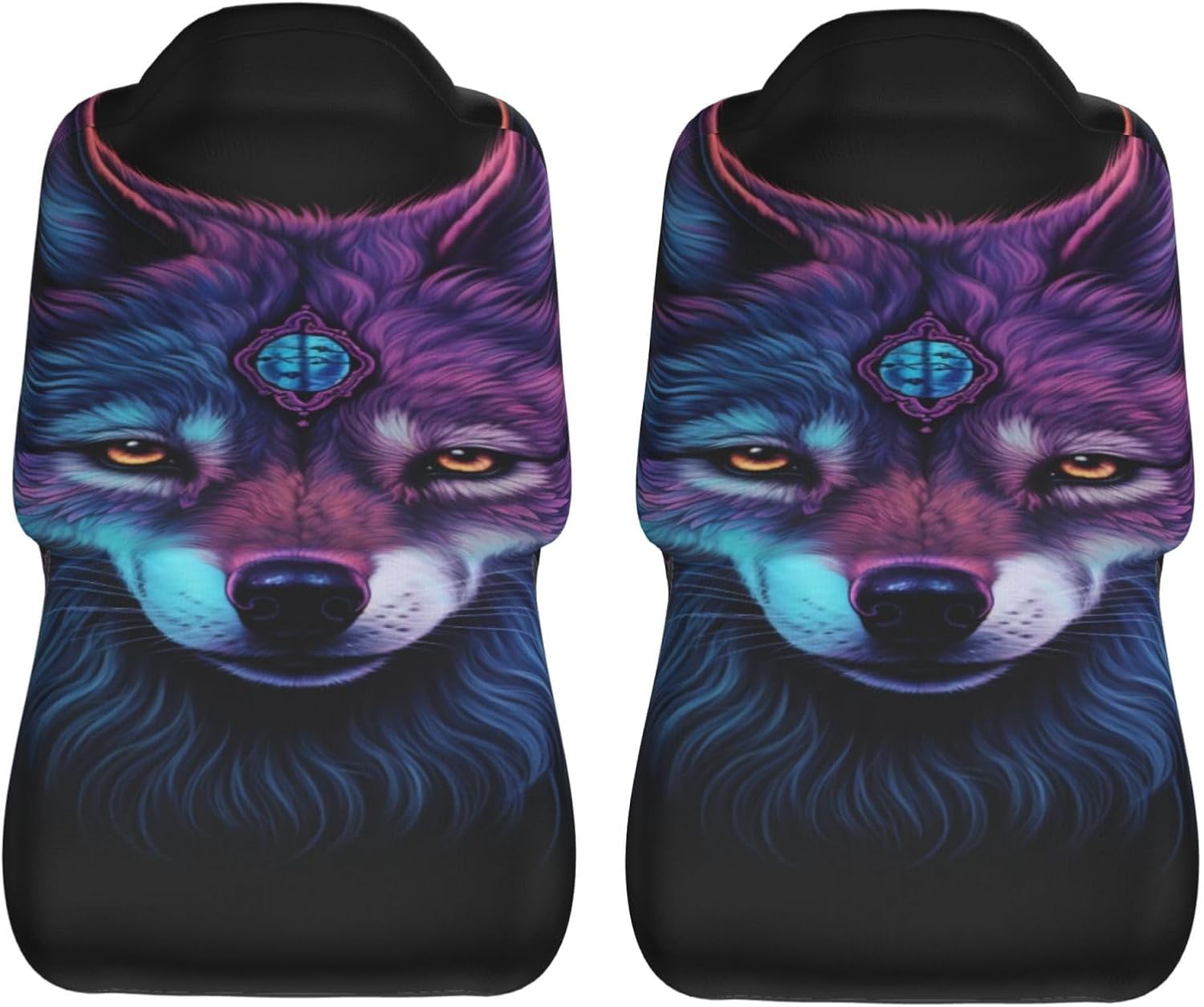 Universal Neon Wolf with Purple Head Printed car seat Covers are Suitable for Most Seats in Trucks, Vans, and Other Similar Vehicles.