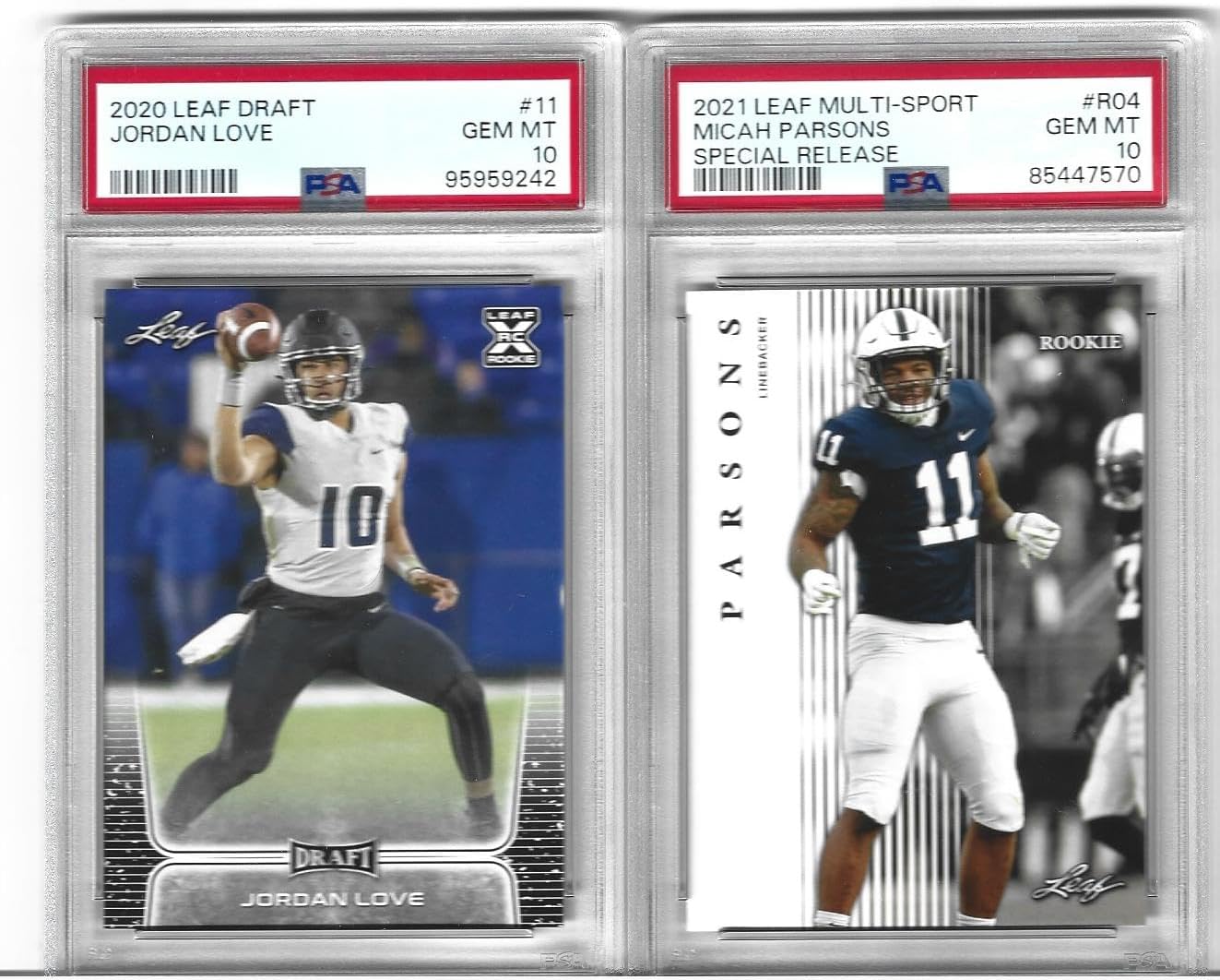 Graded Psa 10 Jordan Love & Micah Parsons Football 2 Card Rookie Lot Leaf Packers Star Quarterback And Defensive Star! You Will Receive Both Cards Shown