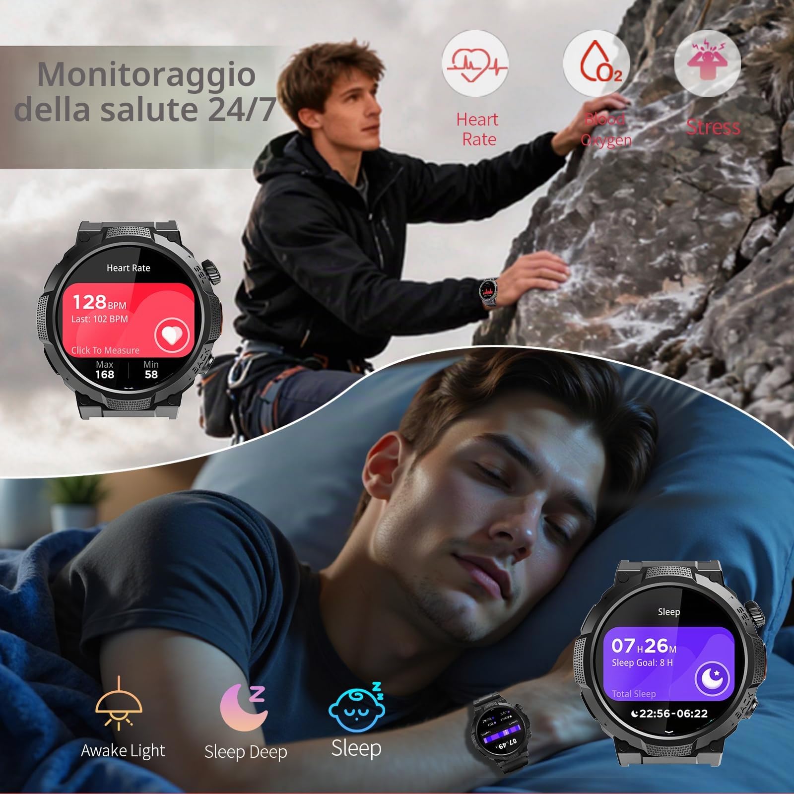 Smartwatch Uomo Militare, Orologio Smartwatch 1.53" con Chiamate Bluetooth, 100+ Modalità Sportive, Batteria 1000 mAh, Monitoraggio Sonno e Cardiofrequenzimetro, Torcia e Bussola per IOS/Android