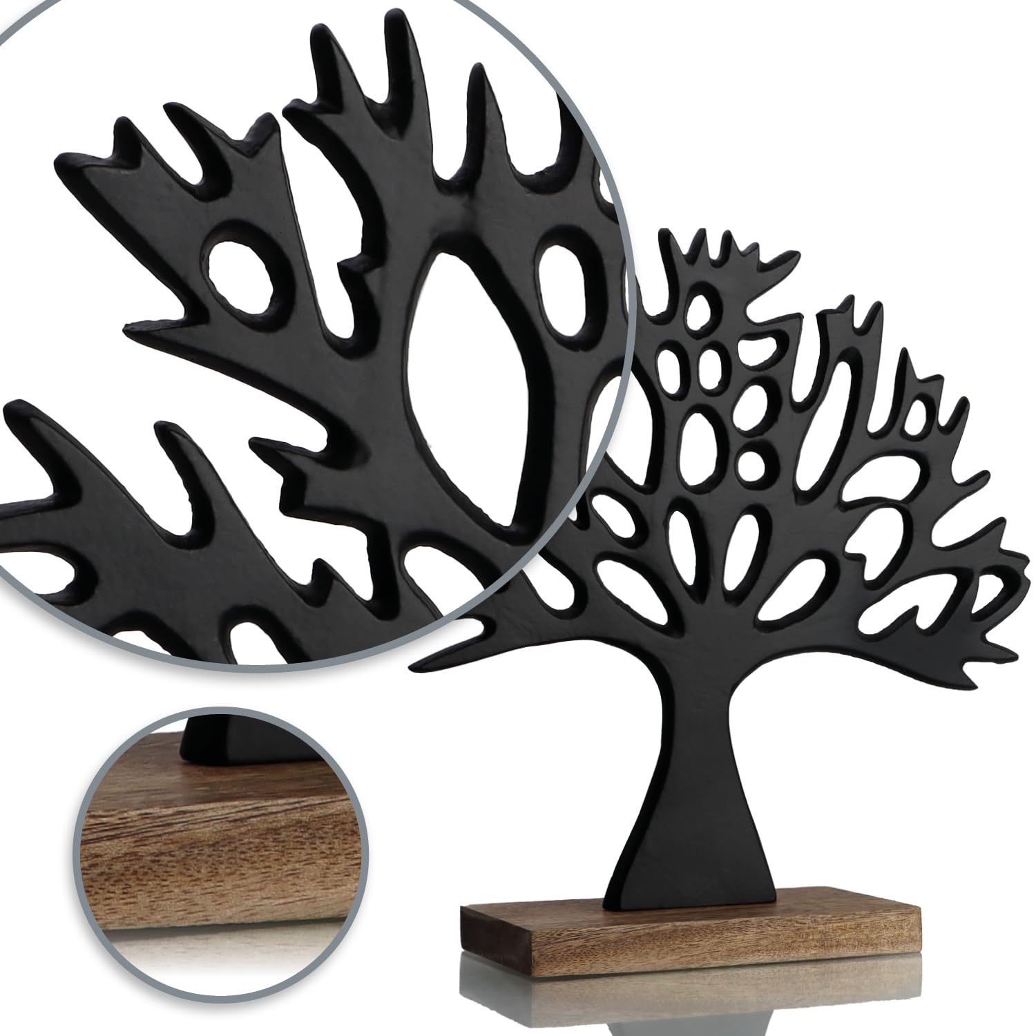 com-four® Supporto Decorativo per Albero - Albero in Metallo su Base in Legno di Mango - Albero Decorativo in Metallo da Tenere in Piedi - Albero della Vita da Regalare (Nero - Albero)