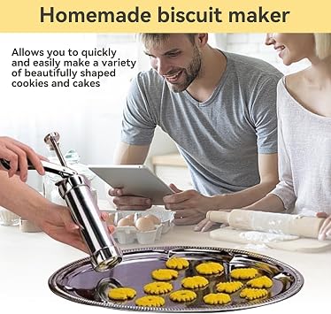 Cookie Press, Stainless Steel Churro Maker Machine Biscuit Press Cookie Gun Set with 20 Decorative Molds and 4 Nozzles for DIY Biscuit Maker 8.27 x 6.10in Cookie Press Machine Cookie Press Gun