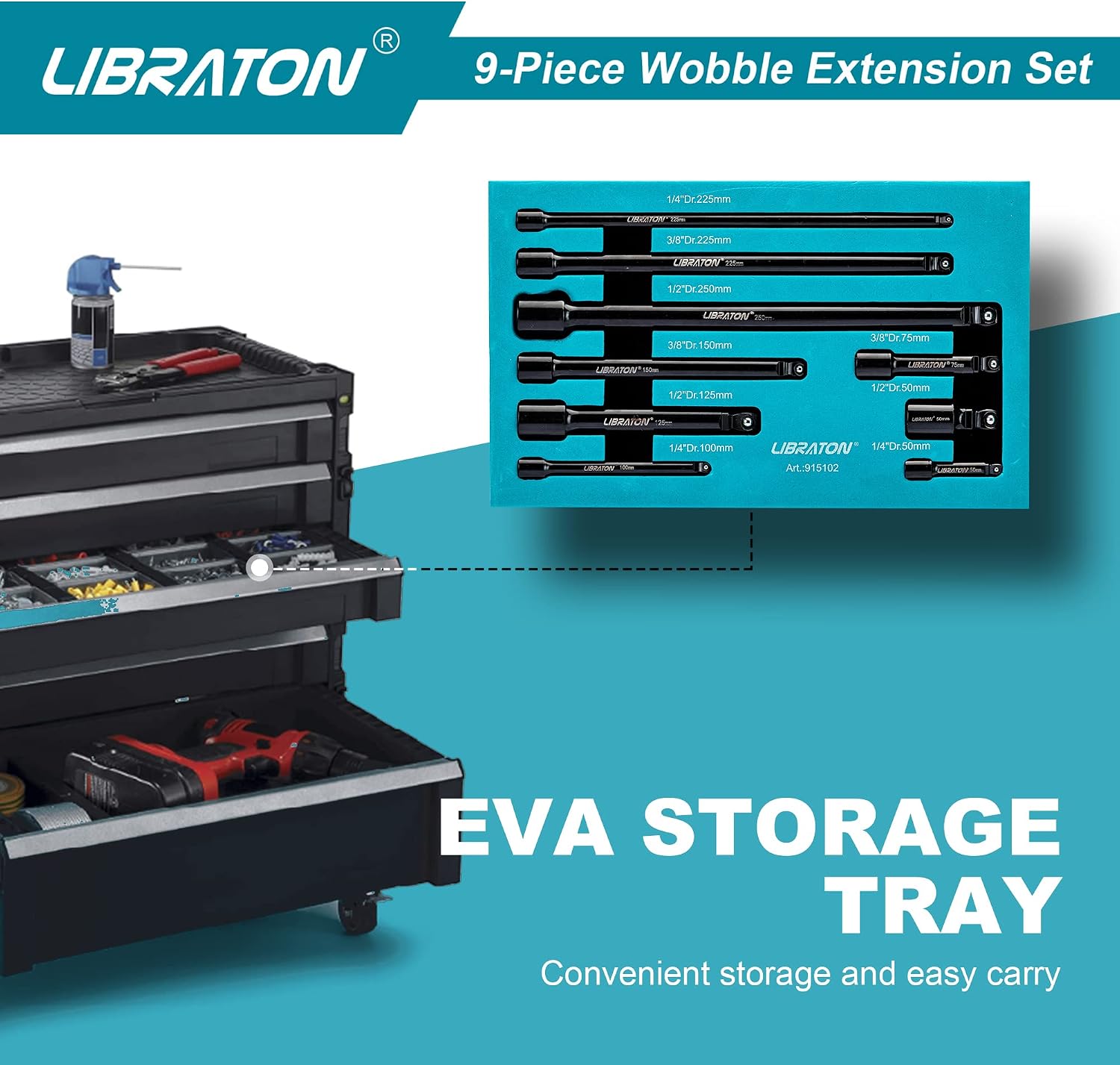 LIBRATON Wobble Extension Set, Socket Extensions Set, Ratchet Extensions 1/4", 3/8", 1/2", Cr-V, with EVA Storage Tray