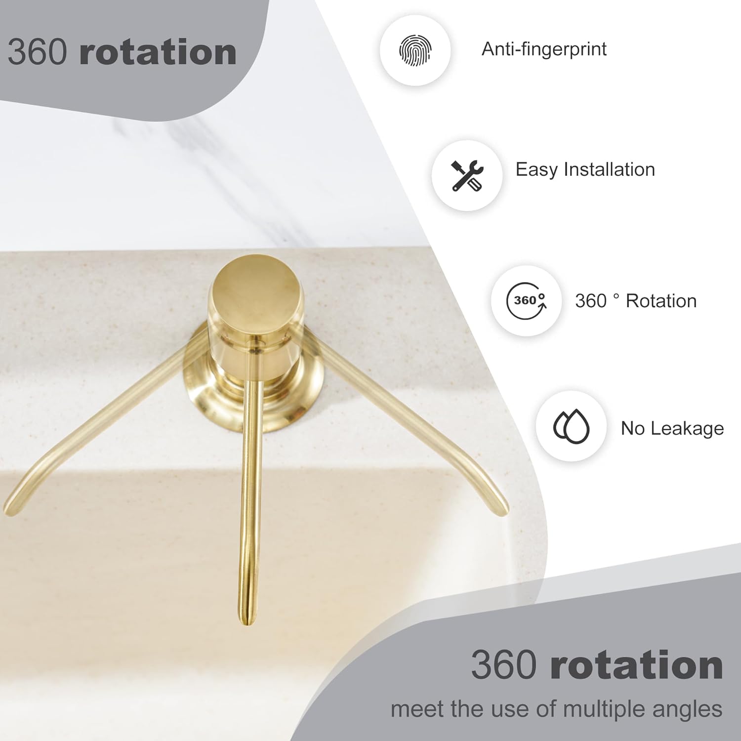 Gagal Kitchen Sink Soap Dispenser (Brushed Gold) and Extension Tube Kit for Kitchen Sink, Complete Brass Head with 40" Silicone Tube Connect to The Bottle Directly, Say Goodbye to Frequent Refills - Image 4