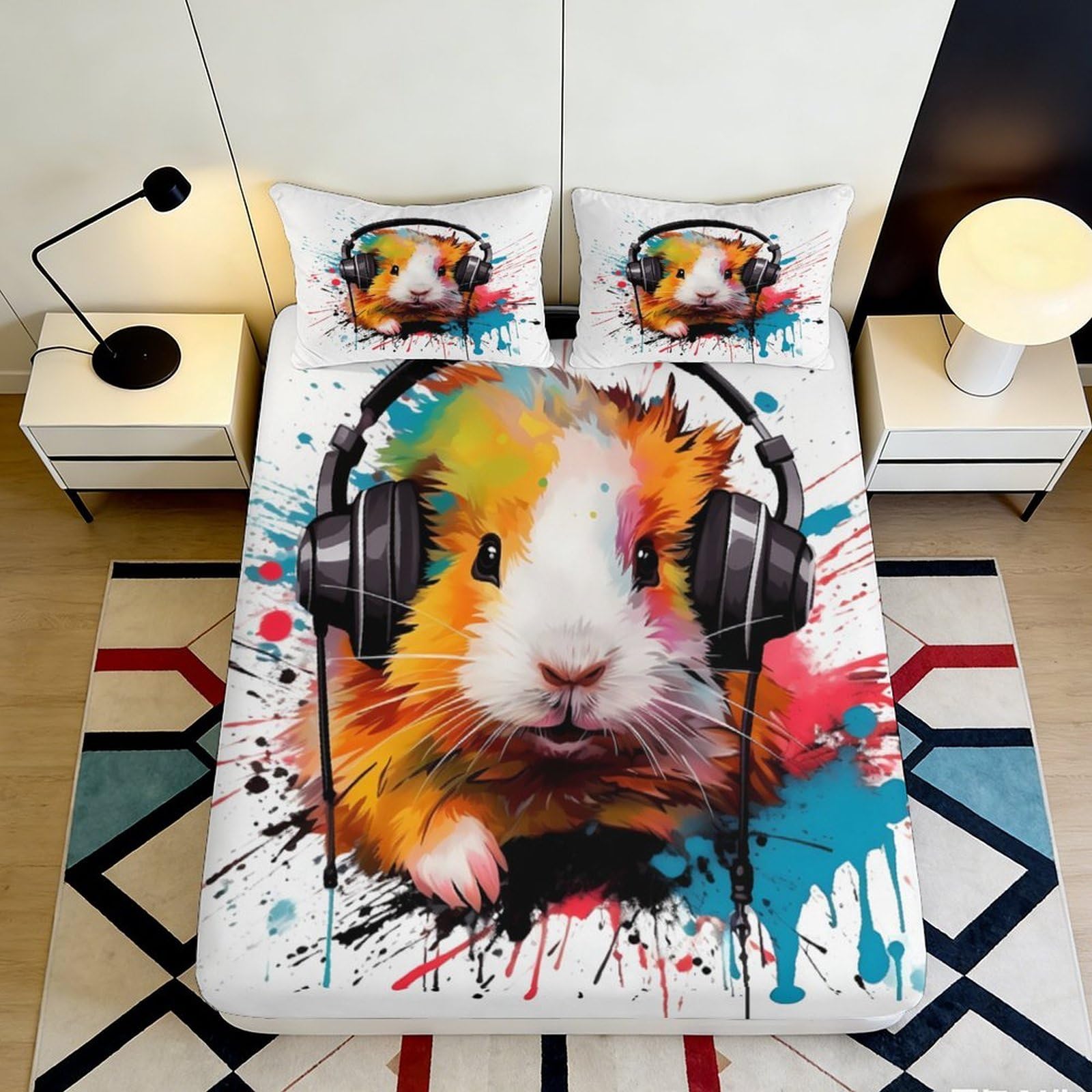 Pnayamiorkfel Style-6 3D Printed Colorful Guinea Pig Fitted Sheet Microfiber Soft Breathable Headphones Mattress Cover For Bedroom Dorm Decor 90X200x25cm