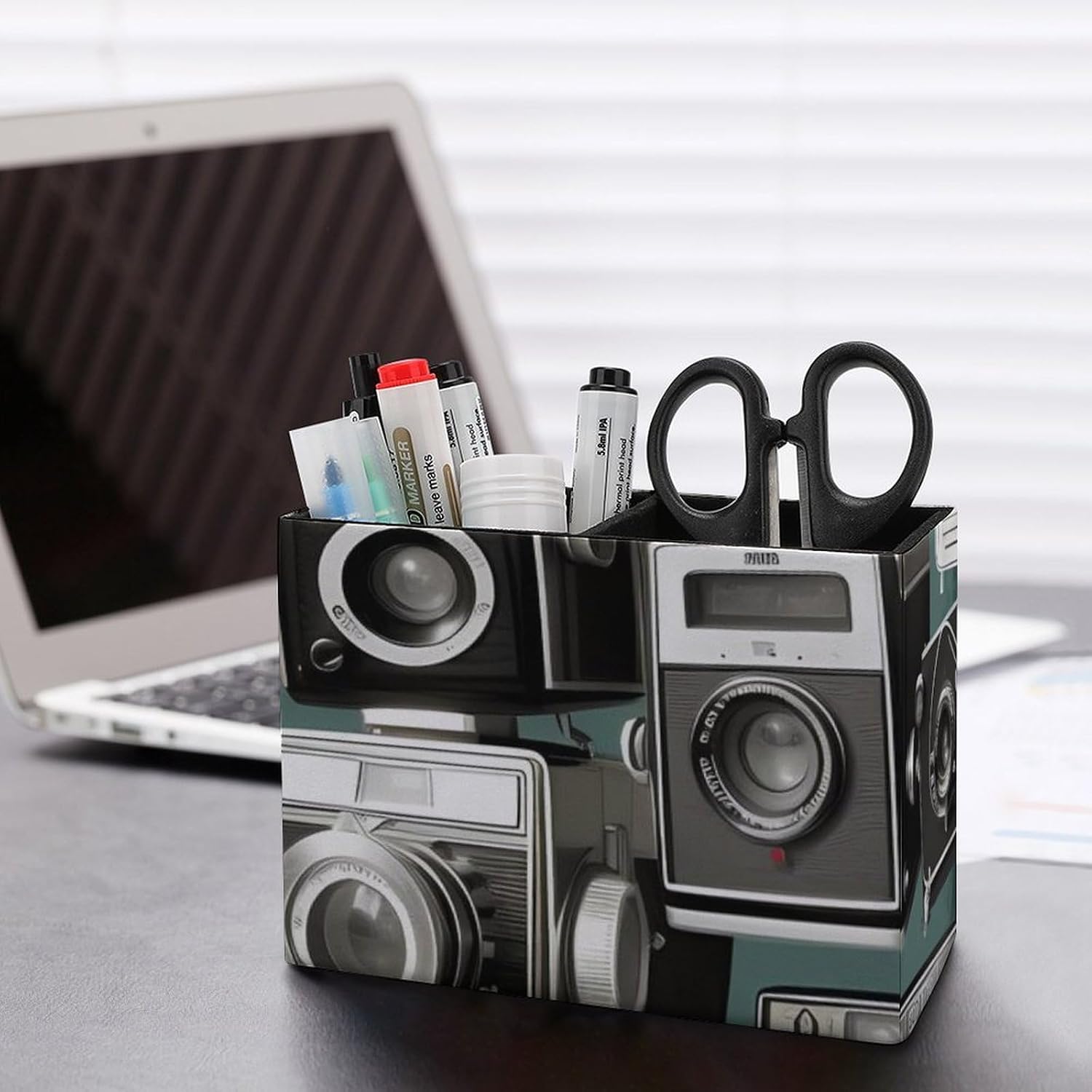 Leather Pen Holder for Desk Organizer Retro Cool Camera Collection Pencil Holder 2 Slots Cute Pencil Cup Decorative Makeup Brush Holder Cup Office Pen Cup Desk Accessories Pen Organizer image 5