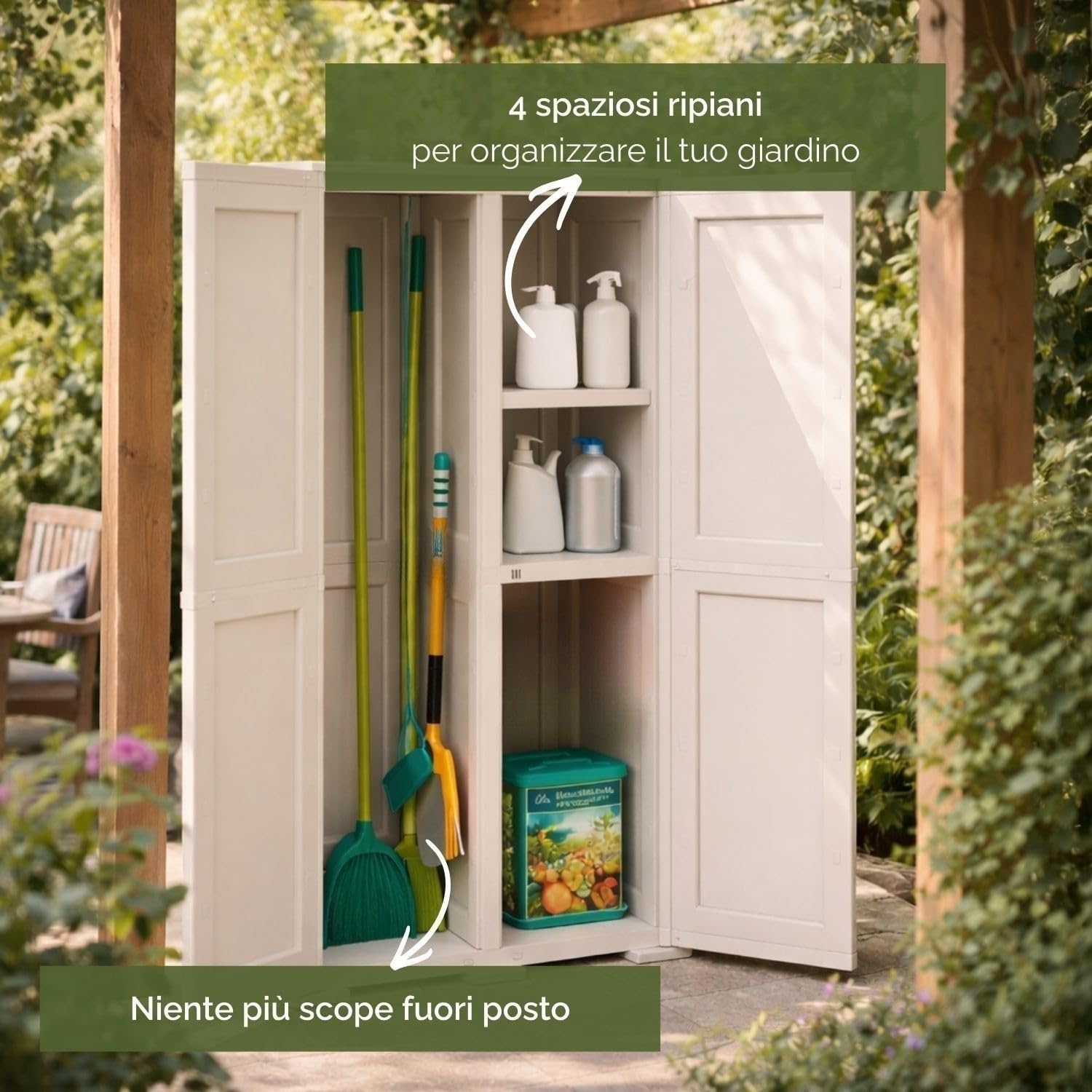 Armadio Alto in Plastica 79x43x164 cm. con 2 Ante e Vano Portascopa – Mobile Contenitore Multiuso Salvaspazio per Organizzazione Casa, Lavanderia e Ripostiglio (Panna)
