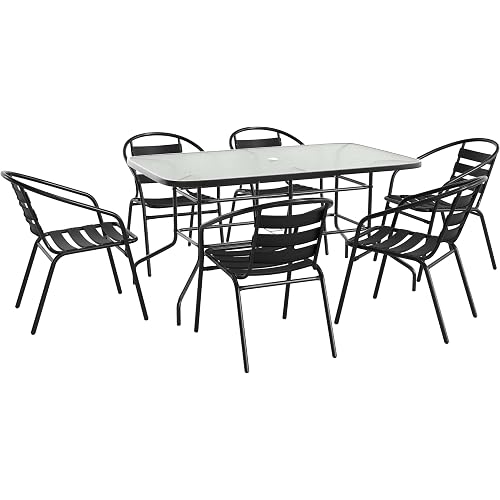 Flash Furniture Lila 7-Piece Glass Patio Table and Chairs Set, Outdoor Patio Dining Set with Rectangular Table and 6 Slat Back Patio Chairs, Black | Umbrella Hole, 55 in Tempered Glass, Aluminum Slat Back Stack Chairs