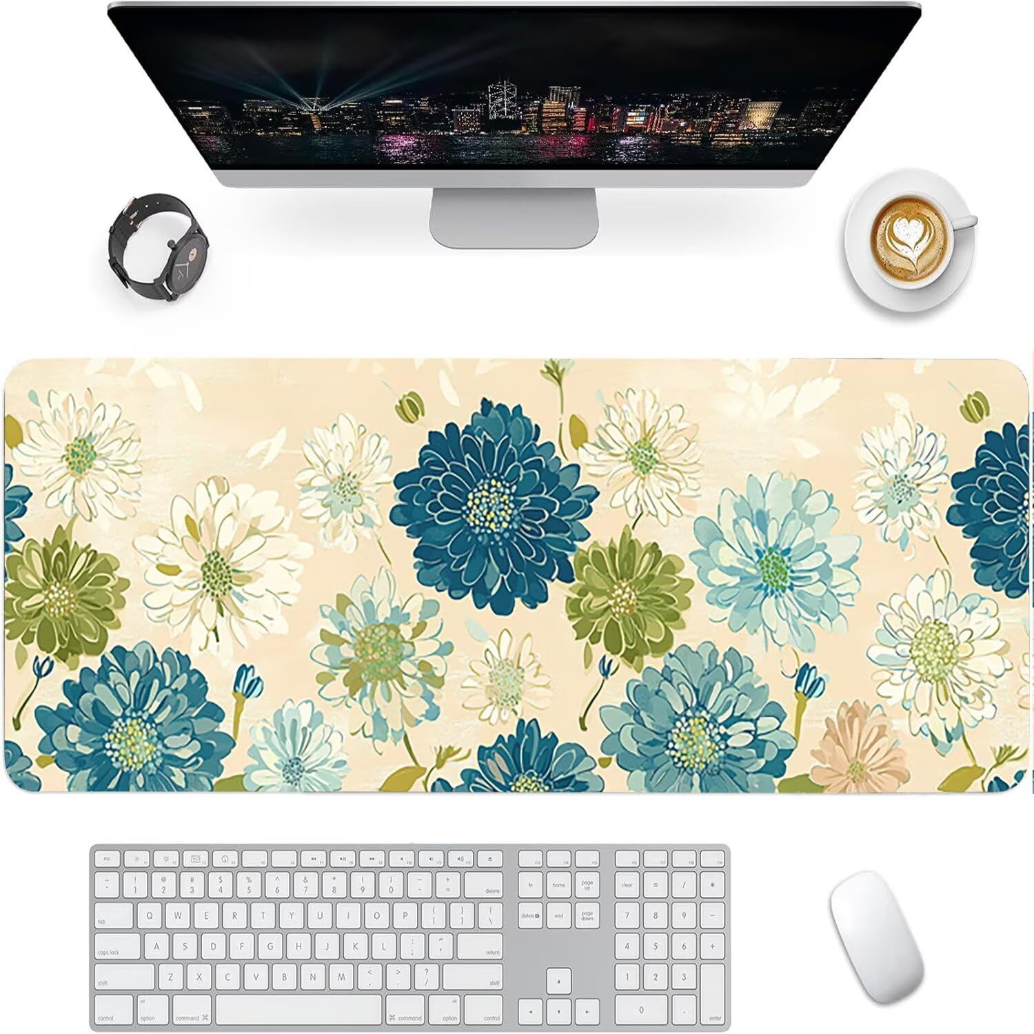 Podkładka pod mysz do gier XXL kwiat beżowa, podkładka pod mysz XXL - 1400 x 600 x 3 mm - podkładka pod mysz matowa, bardzo duża tkanina na biurko dla graczy, antypoślizgowa podstawa, dla graczy