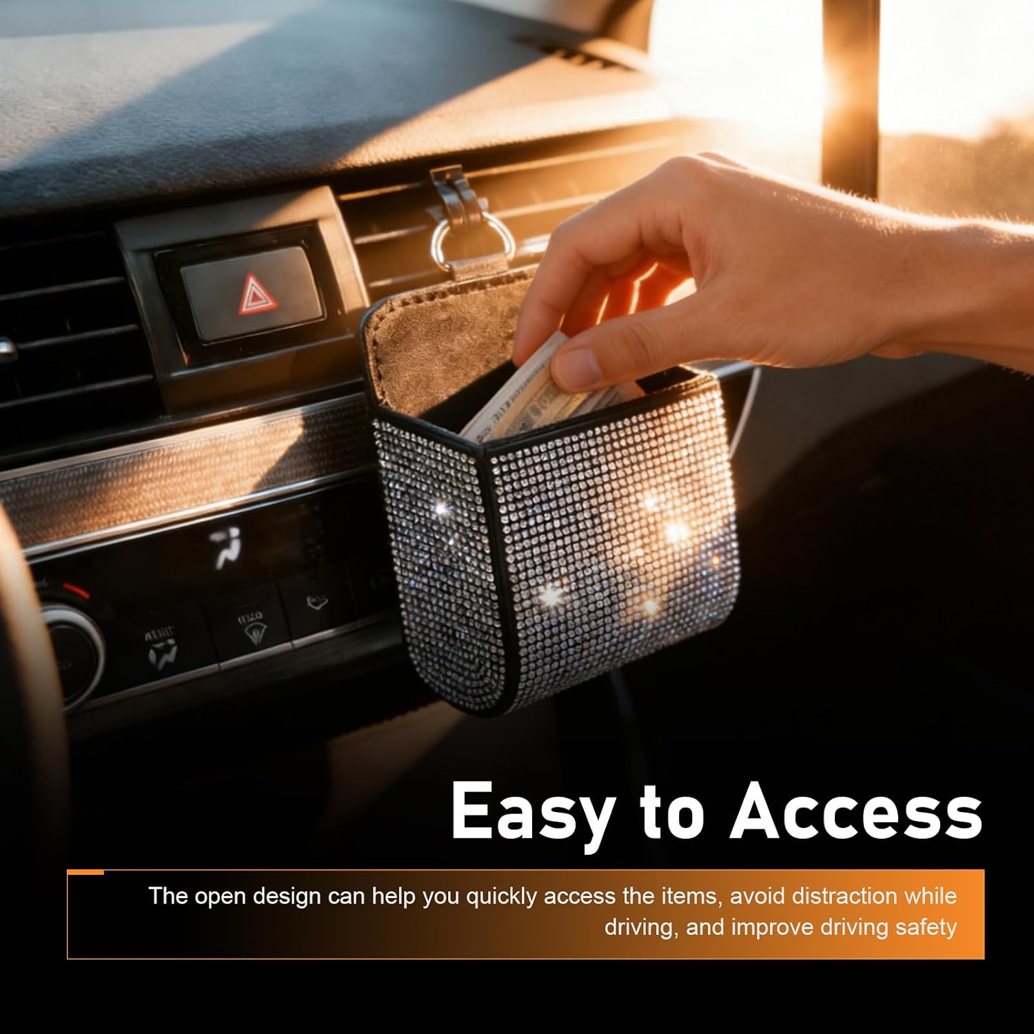 Bling Car Vent Storage Organizer, Rhinestone Car Vent Leather Pocket, Vents Storage Pouch Box for Women, Bling Auto Hanging Bag Pocket for Sunglasses, Key, Coin (White)
