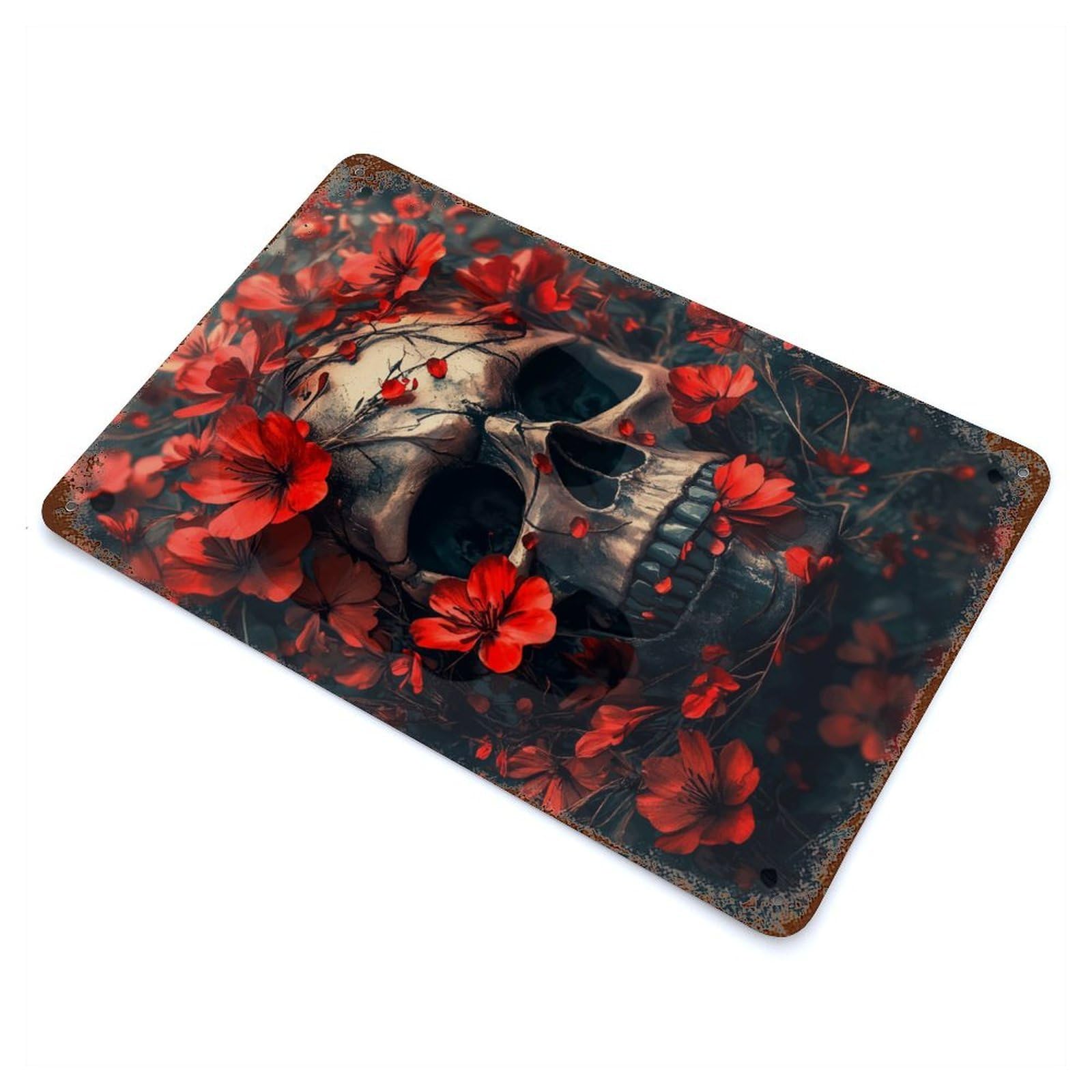 Skull And Flowers Vintage Wall Sign 11.8"x7.9", Rust Effect Metal Decor for Living Room, Hallway And Home Decor