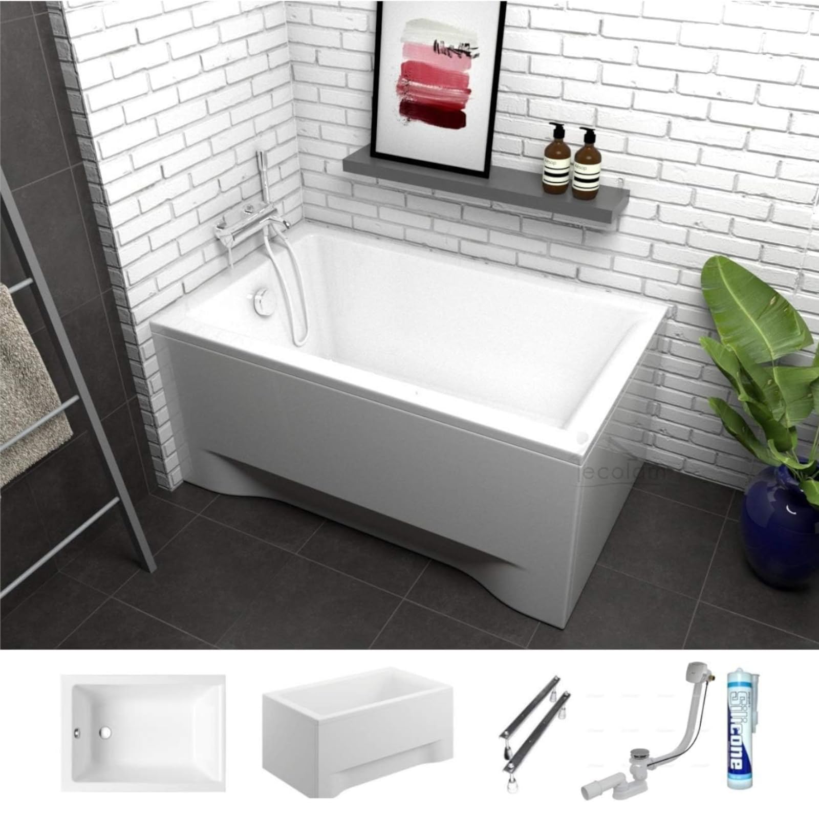 ECOLAM Petite baignoire rectangulaire acrylique Capri Polimat 100x70 cm + tablier en acrylique | pieds silicone et siphon | Set complet