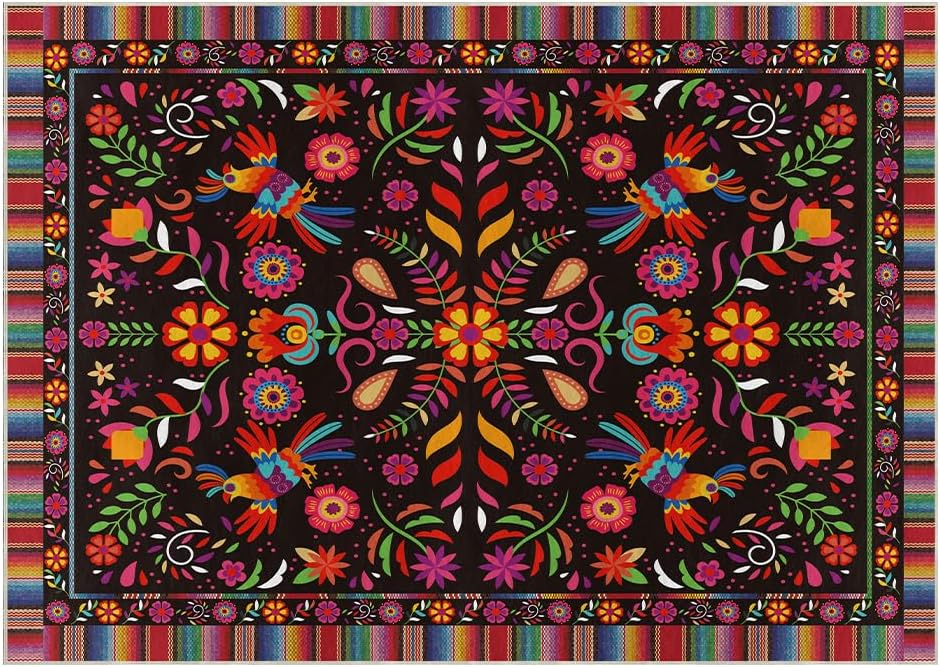 Artoid Mode Bird Dia De Los Muertos Mexican Fiesta Area Rug, Cinco De Mayo Home Decor Low-Profile Washable Large Rug for Living Room Bedroom Farmhouse Dining Room Kids Playroom 5x7 Feet 5' x 7' Black
