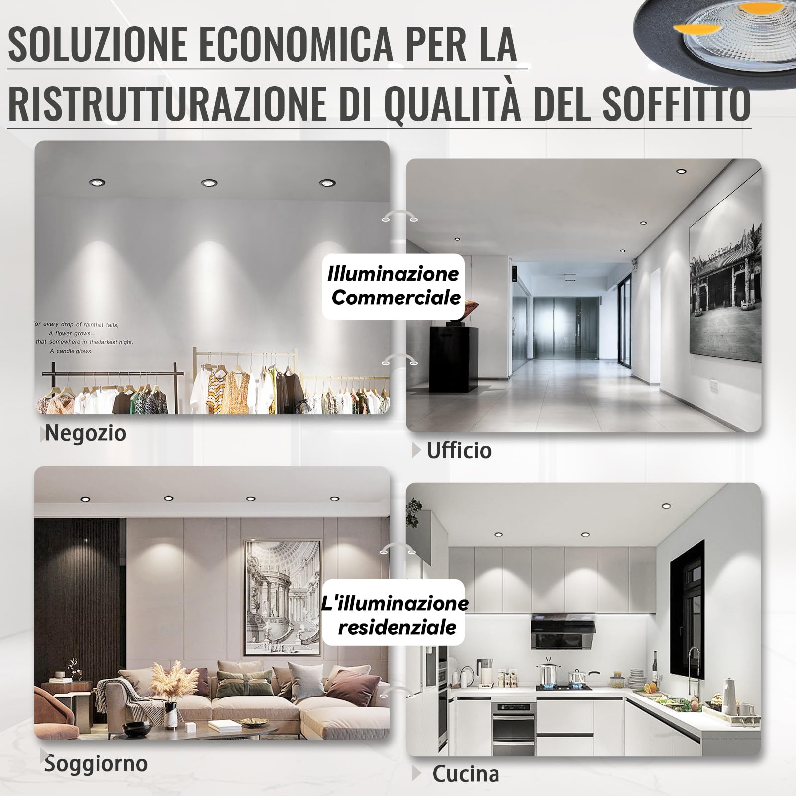 6x 10W Faretti LED da Incasso per Cartongesso Nero,850LM Foro 65-85mm Luce Calda 3000K per Cucina,Interno,Faretti Led Soffitto COB 220V Equivalenti a 100W