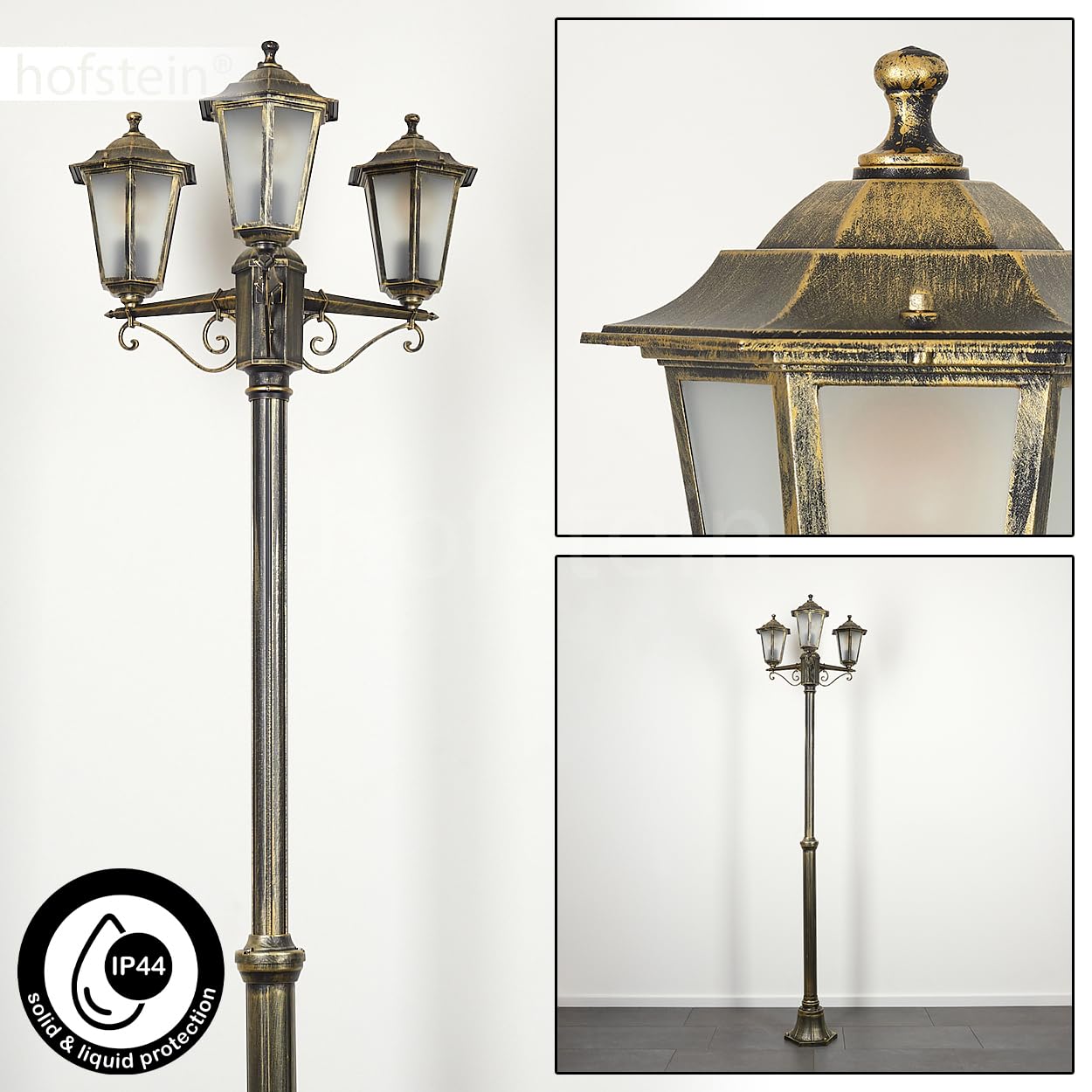 Lampe d'allée extérieure Loria, lampe d'allée en métal/verre en couleur or-brun/blanc, candélabre à 3 flammes en look antique, hauteur max. 200 cm, éclairage de jardin IP44, 3 x E27, sans ampoules