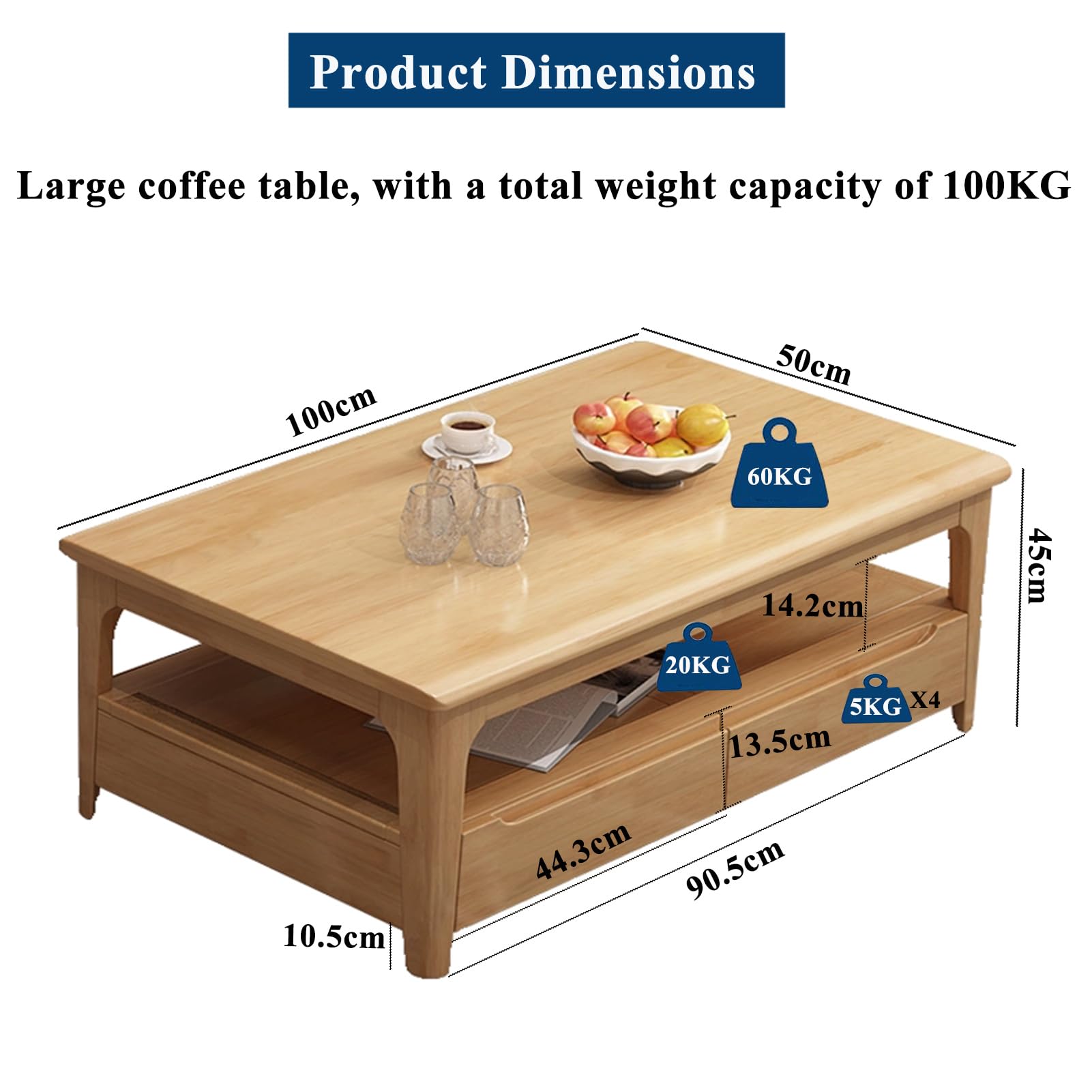 Mesa de Centro Rectangular de Madera Maciza con 4 Cajones y Estante de 2 Niveles – Gran Almacenaje para Salón, Oficina, Apartamento – Estilo Campestre, Madera Natural (100x50x45cm)