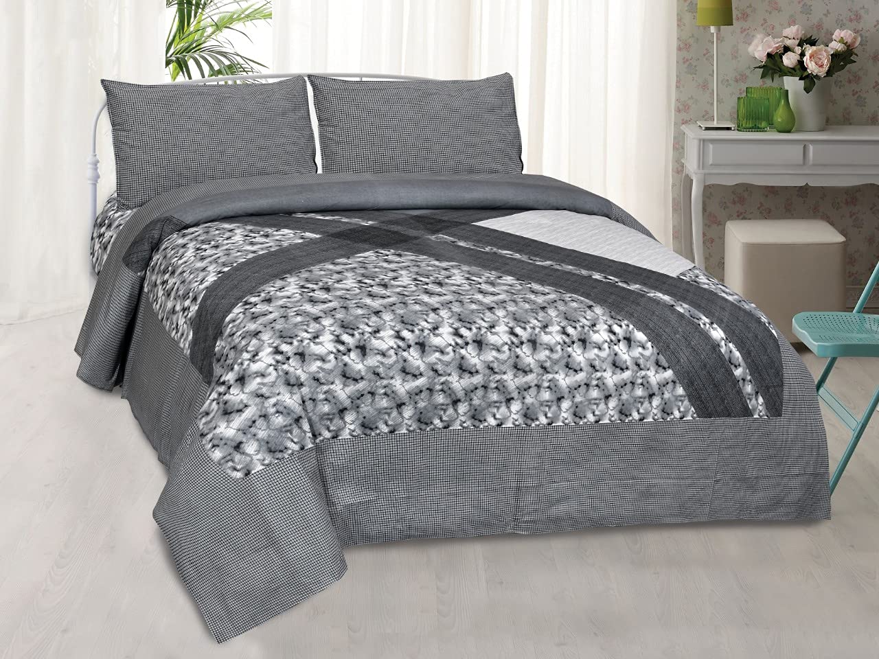 Jaipuri Choice Double Bed Bedsheet Cotton King Size with 2 Pillow Covers Beautiful Printed Design Pattern (Grey)