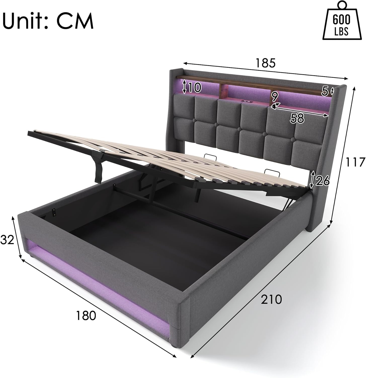 Dimensions diagram of KUAKE Upholstered Bed