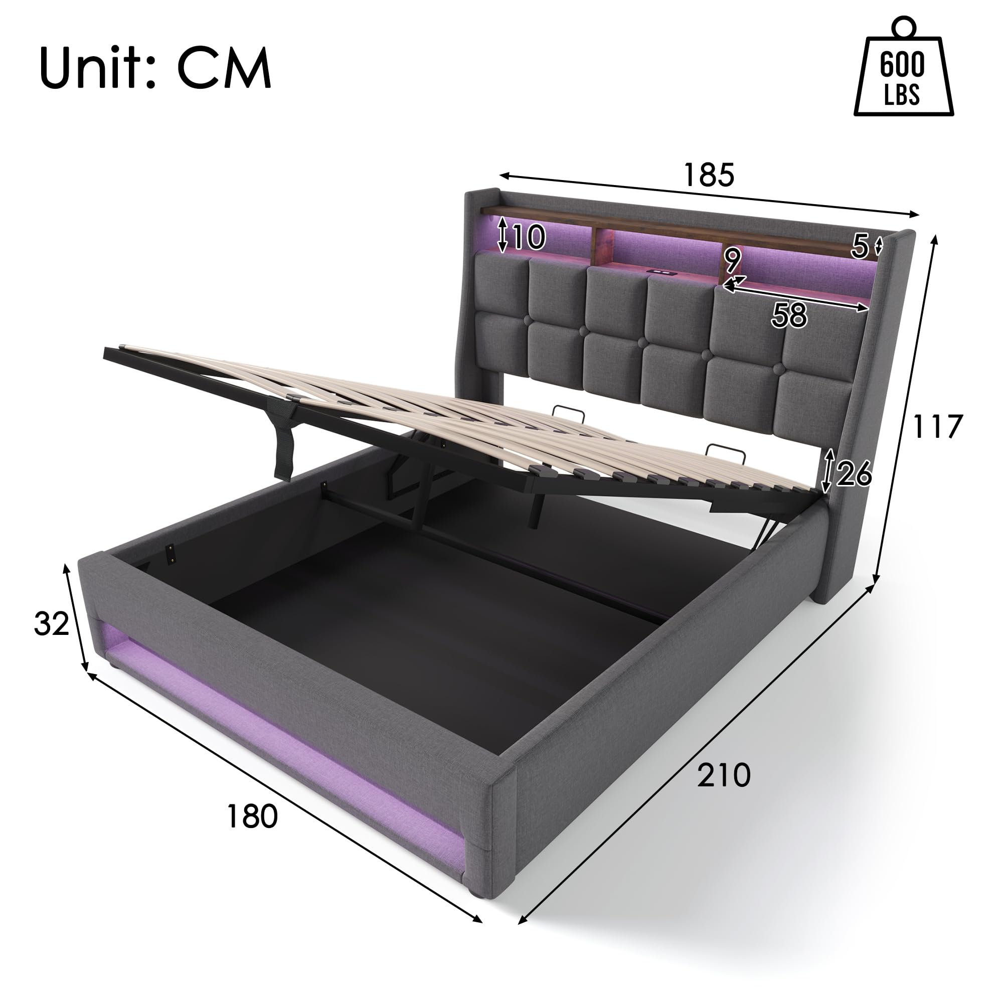 Letto Matrimoniale Imbottito 180x200 Con LED, USB E Controllo App – Contenitore E Testiera In Lino – Beige - 2