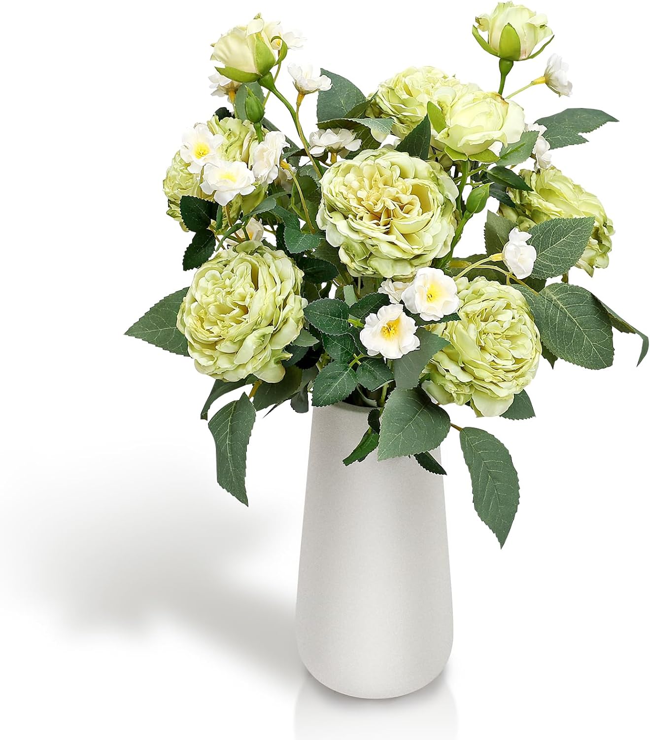 Fake Flowers in Vase, 16 Inch Silk Flower Arrangements with Ceramic Vase Artificial Rose Peony for Home Office Kitchen Bathroom Indoor Decor - Sage Green