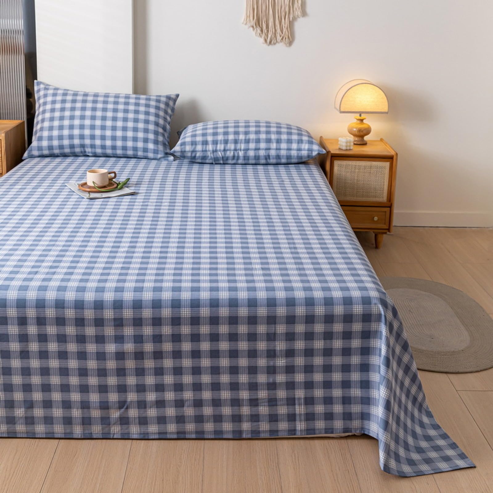 Drap plat lin et coton bleu 245x270 pour lit double avec taies d'oreiller drap de maison