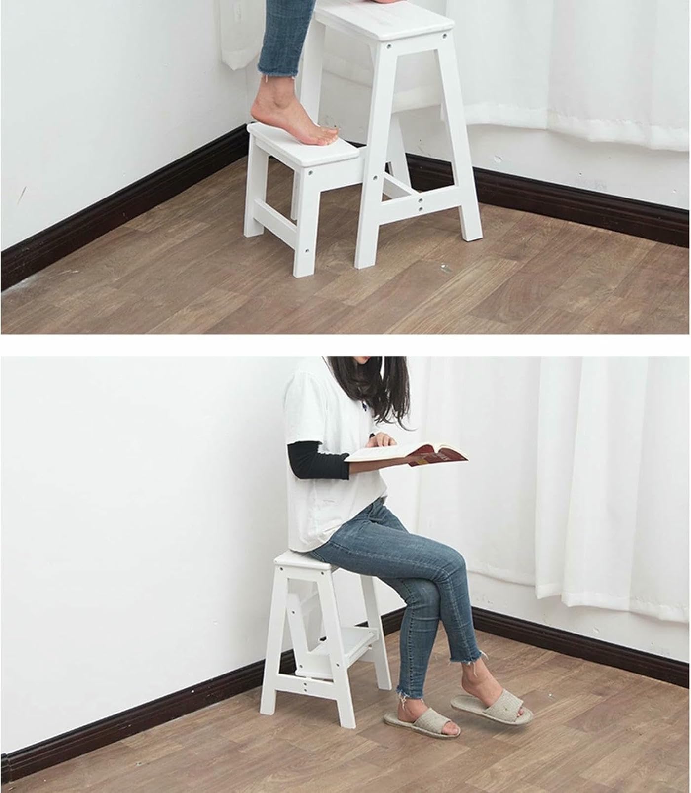 Taburete plegable madera 2 escalones para acceso y almacenamiento a la cocina diseño que ahorra espacio