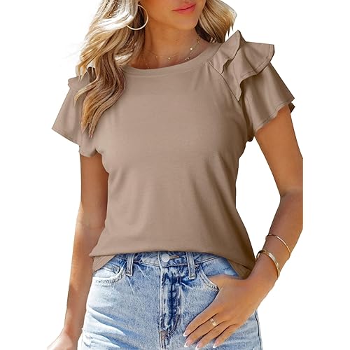 SHEWIN Womens Summer Tops Ruffle Short Sleeve T Shirts Casual Slim Fit