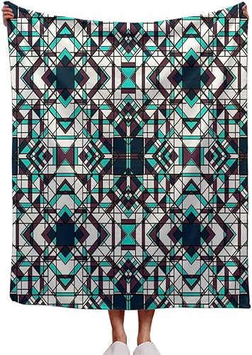 Manta de forro polar de invierno, decoración de mosaico colorido, manta geométrica retro para cama, acogedora decoración de habitación, 55 pulgadas