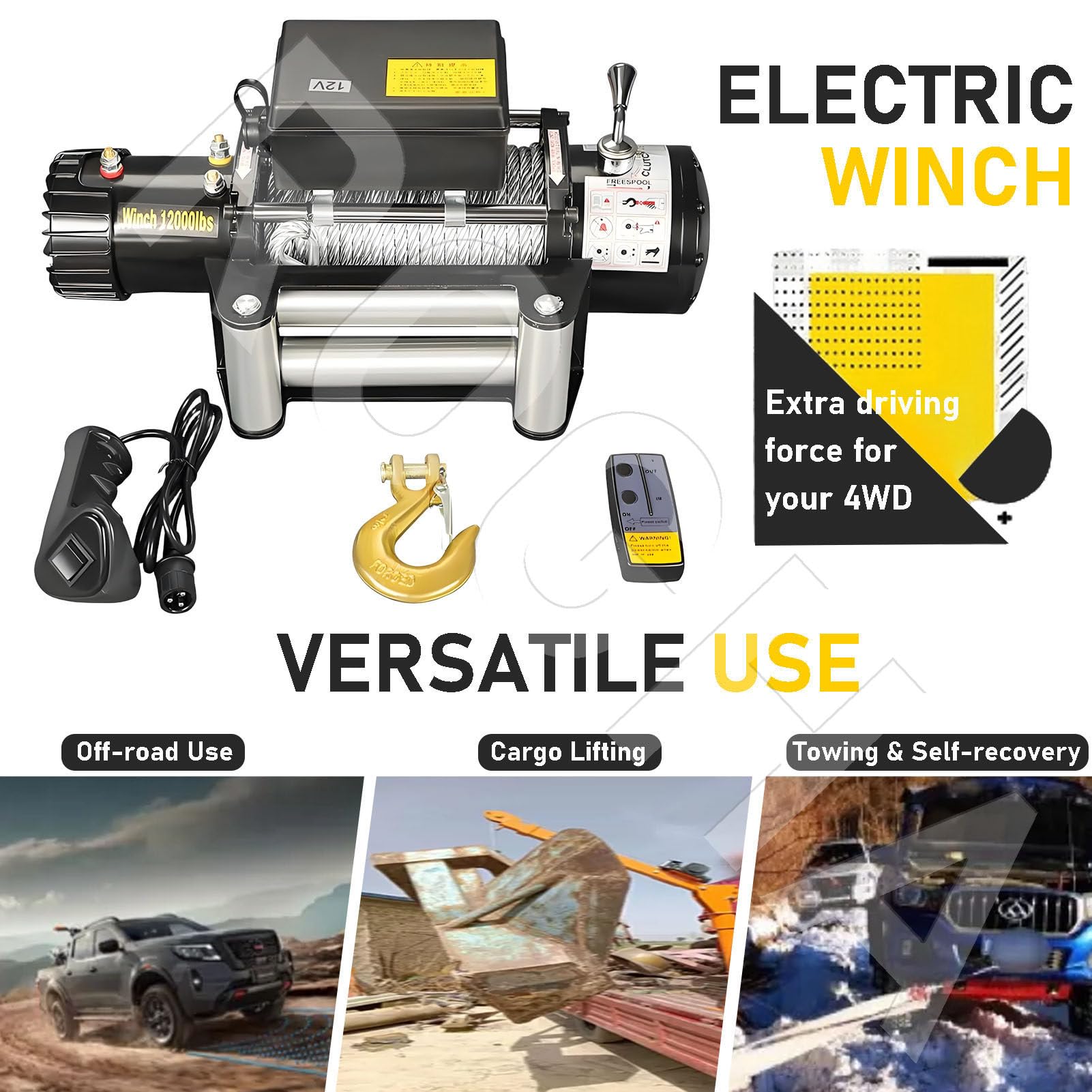 Wciągarka do ATV/UTV – wytrzymała wciągarka elektryczna 12 V / 24 V z obsługą bezprzewodowego pilota 12V-4000LBS