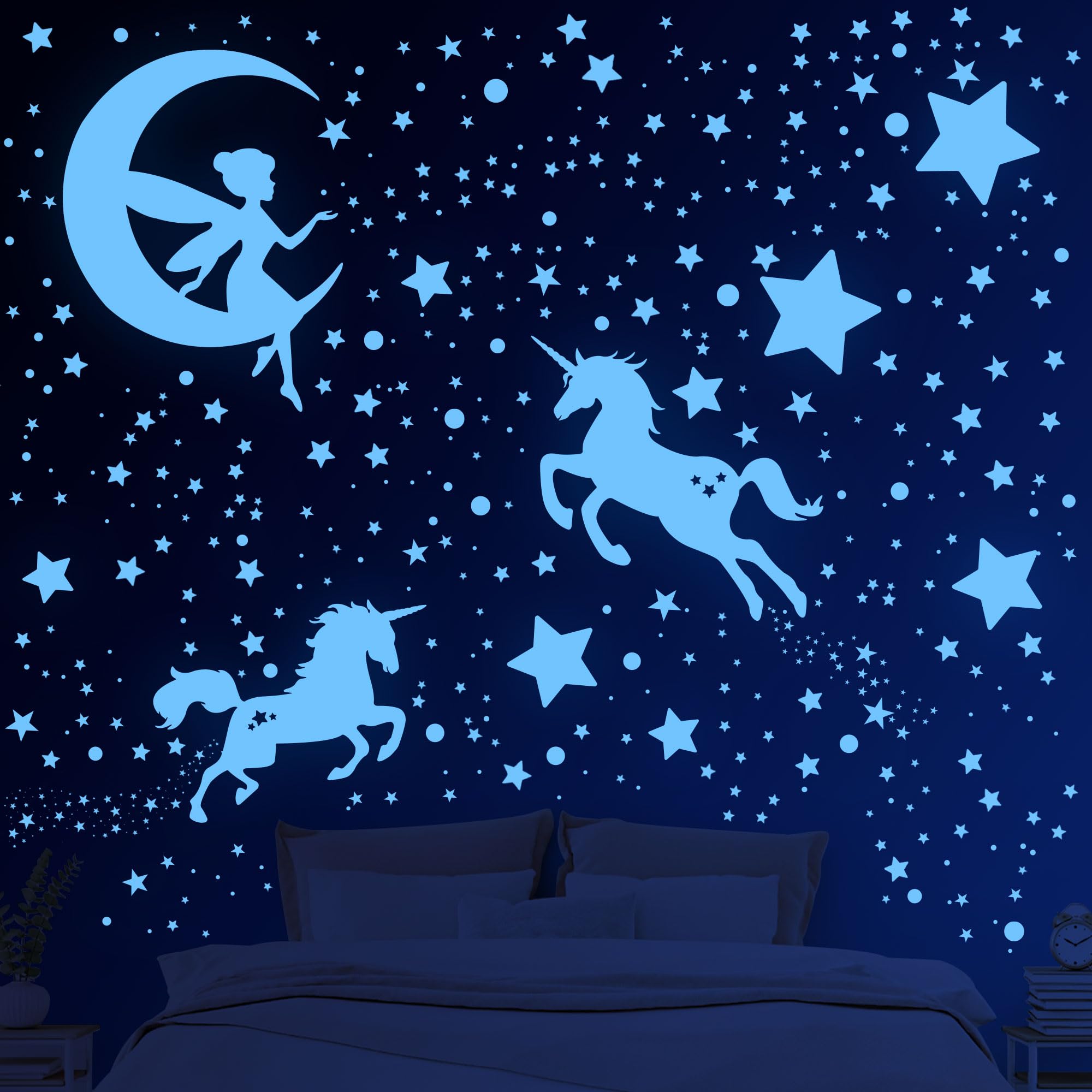 Adesivi Murali Fluorescenti Unicorno Stelle 585 Pezzi per Cameretta Bambine Soggiorno
