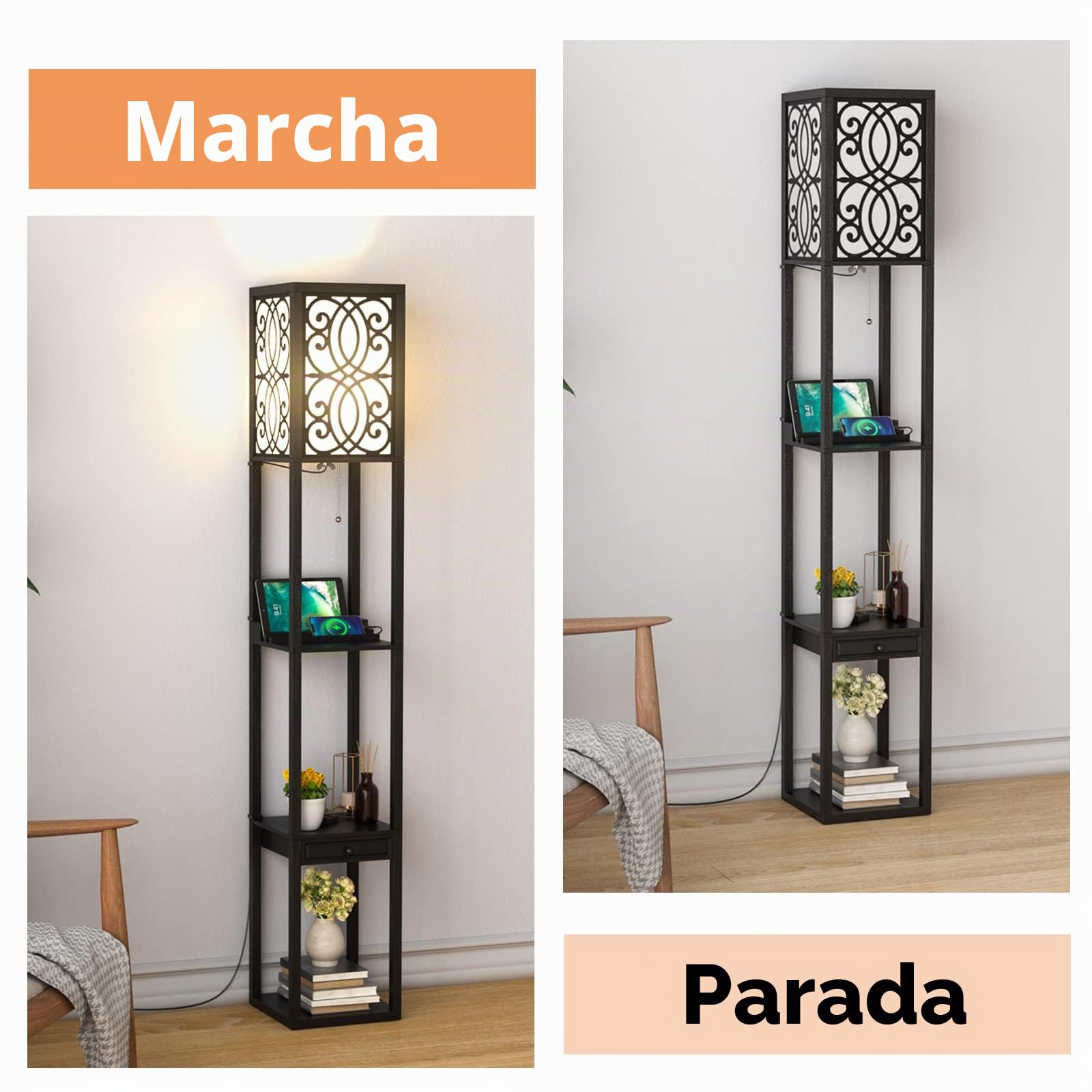 GOPLUS Lámpara de Pie con 3 Estantes Abiertos y Cajón, 2 Puertos USB, E27, Moderna para Salón, Dormitorio, Oficina, Negro, 26x26x160,5cm