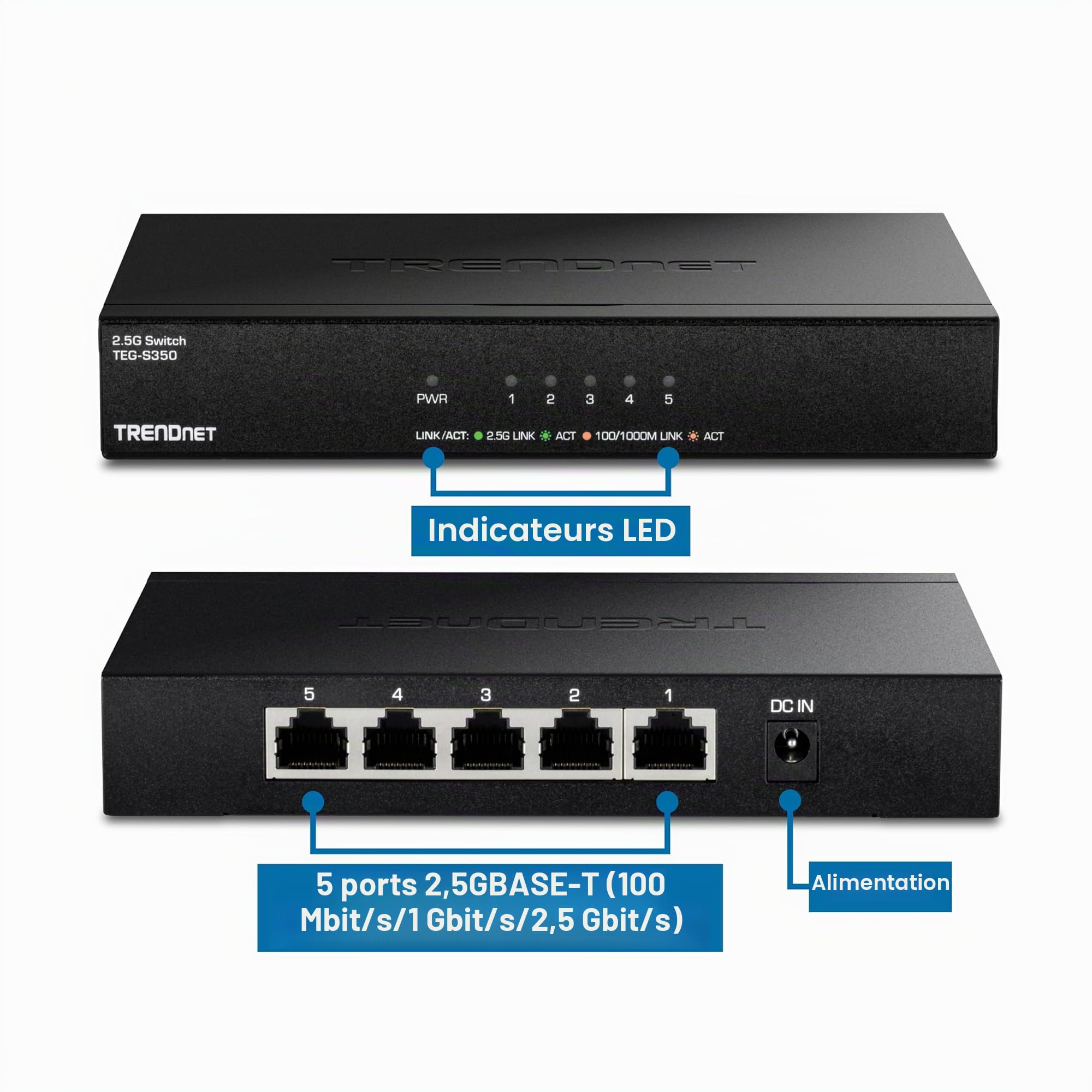 TRENDnet, TEG-S350, Commutateur Non géré 5 Ports 2,5 G, 5 Ports 2,5 GBASE-T, capacité de Commutation 25 Gbit/s, sans Ventilateur, Montage Mural