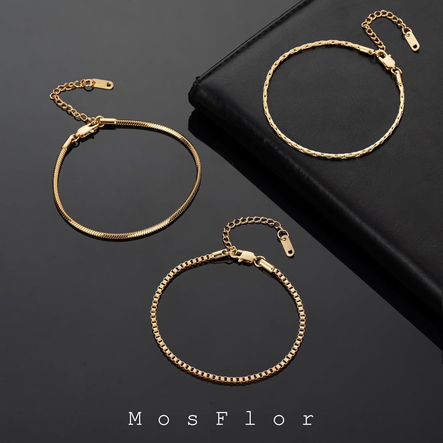 Gold Chain Bracelet for Women Men Trendy - 14K Gold Plated Bracelet Dainty Gold Snake Link Bracelet Stack Simple Jewelry Chain Set Adjustable Bracelet Accessories for Dad Husband 3 Pcs - Image 6