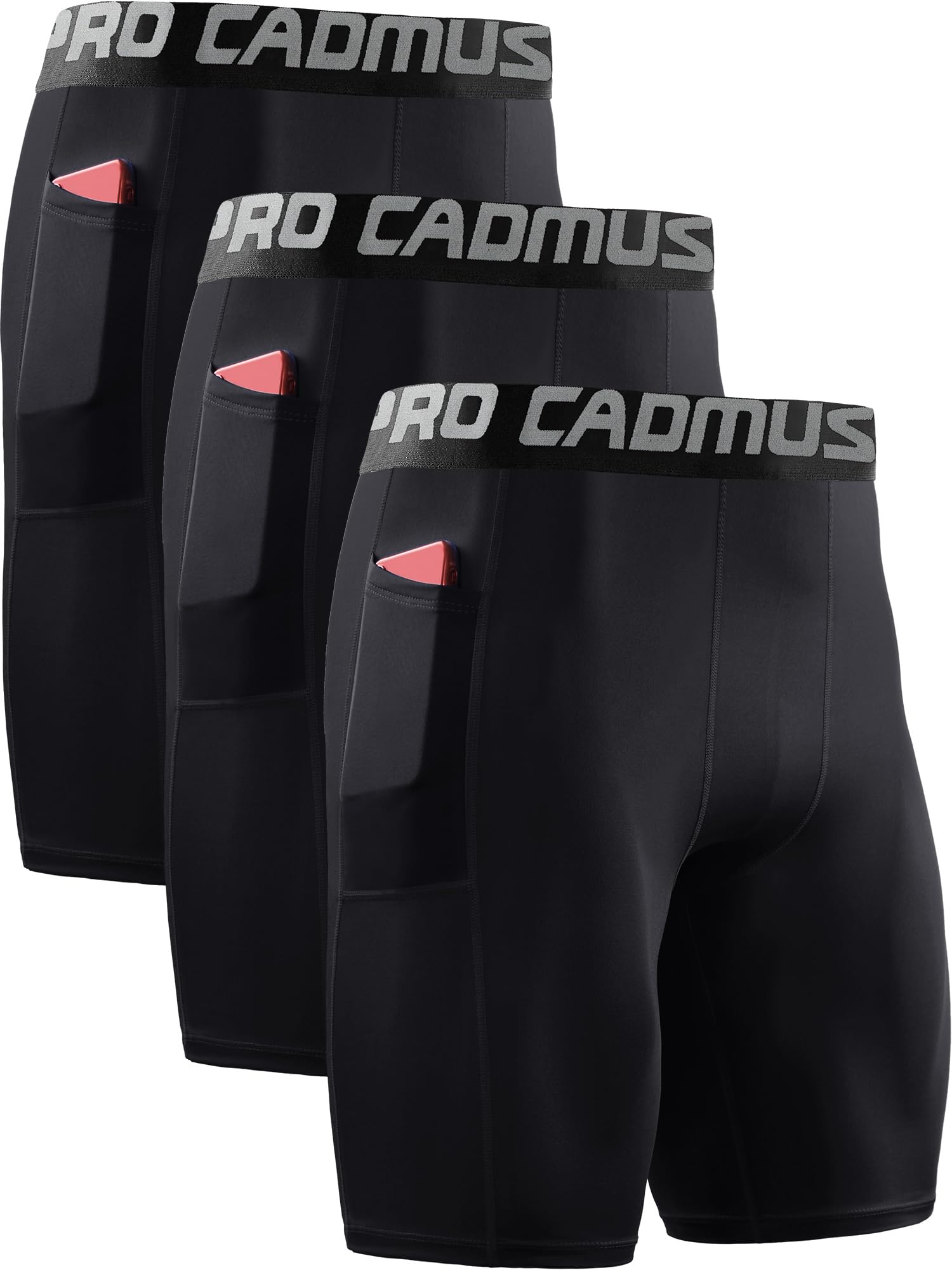 Cadmus3 Pack Men Compression Gym Running Sports Underwear Base Layer Shorts with Side Pockets