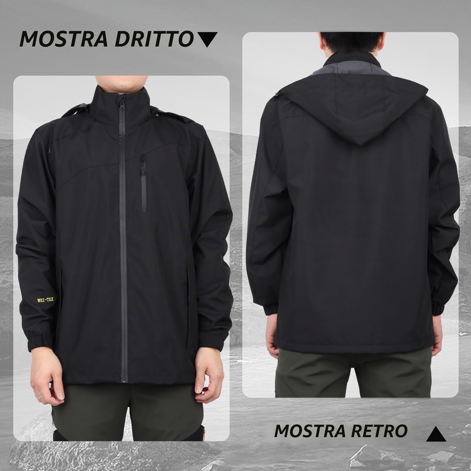 Uomo All’Giacca Antipioggia Impermeabile Cappotto Impermeabile Traspirante Tuta Antivento con Cappuccio Staccabile e Tasca con Cerniera